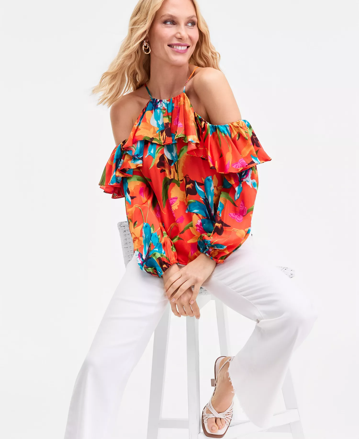 Women's Printed Ruffled Cold-Shoulder Top, Macy's Exclusive  - Calla Bouq Red - L