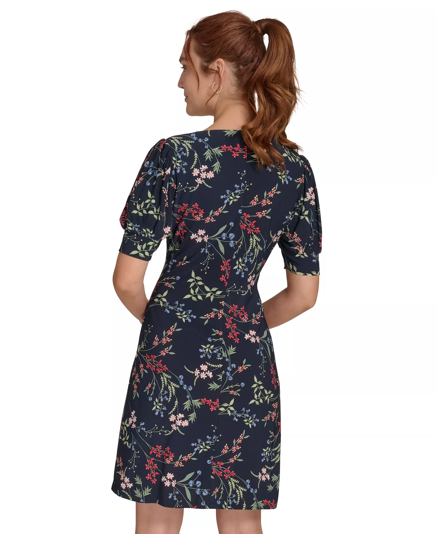 Women's Puffed-Sleeve Floral Shift Dress - Sky Captain Bloom - 10