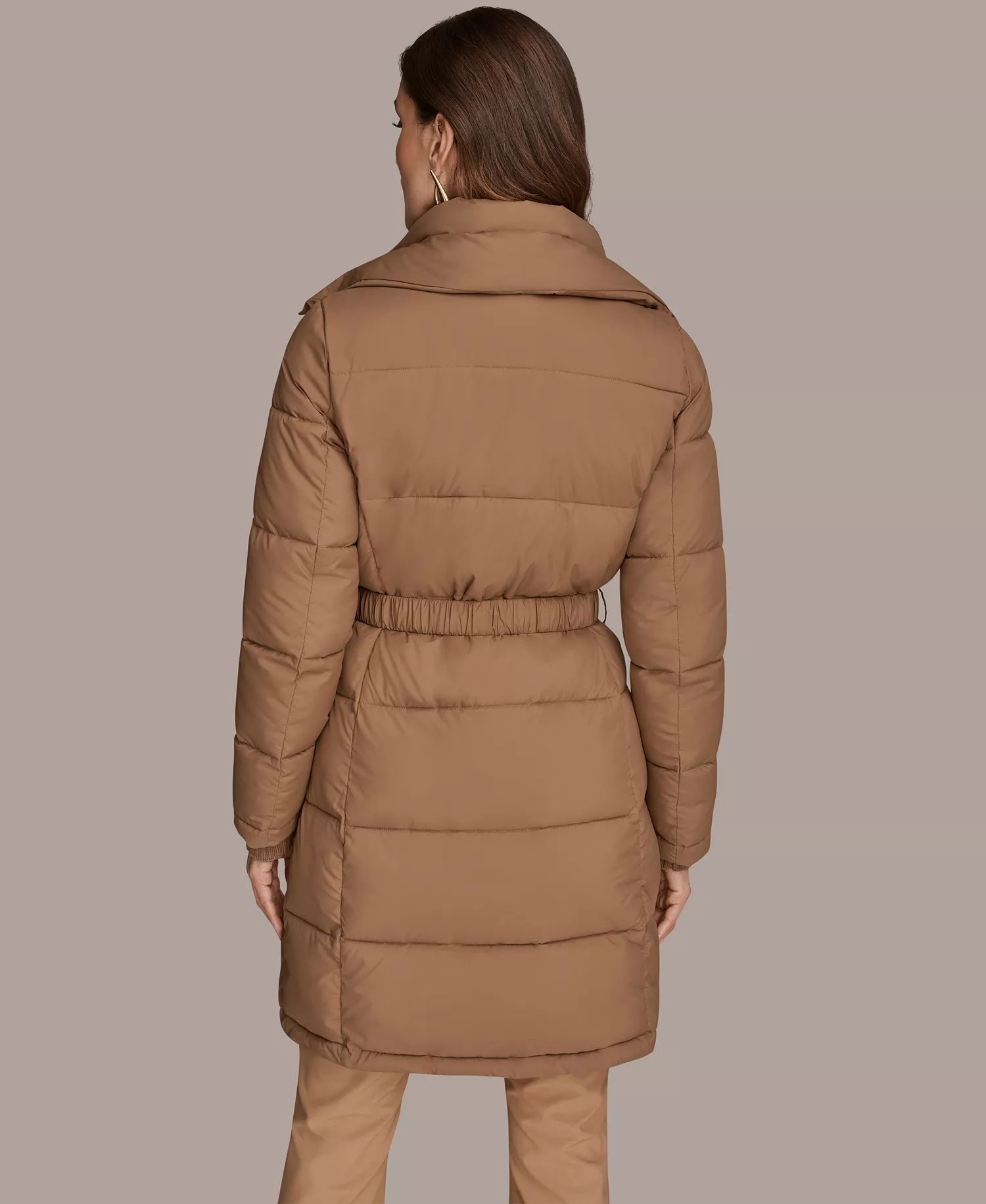 Women's Belted Bibbed Puffer Coat - Antiq gold - L