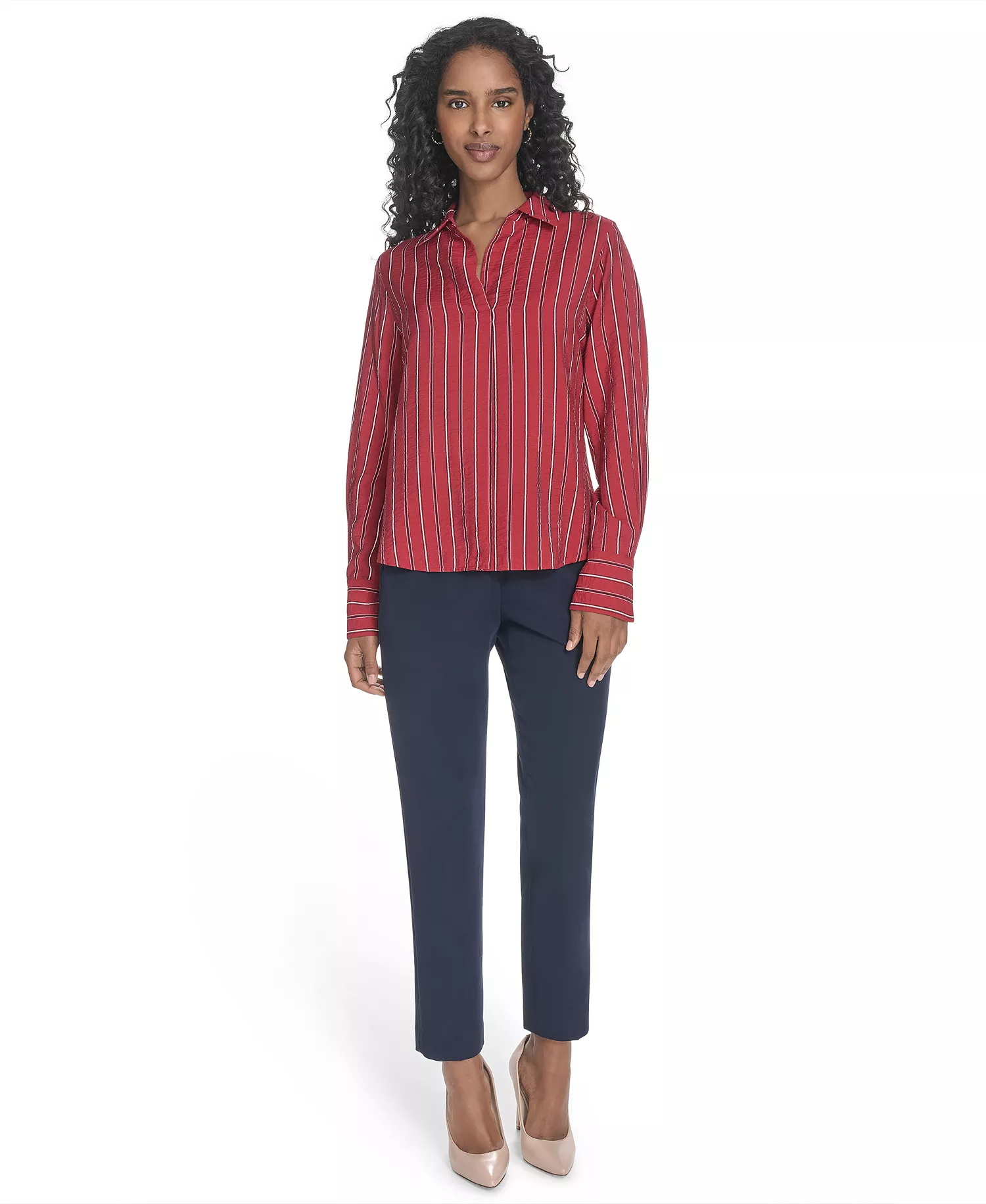 Women's Striped Long-Sleeve Popover Top - Crimson Multi - L