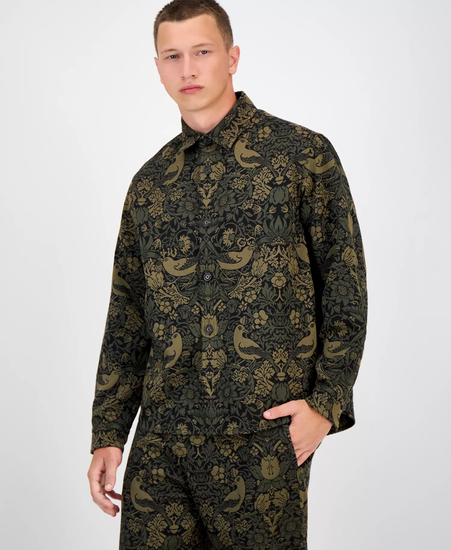 Hugo Boss Men's Erato Oversized Tapestry Button Front Shirt Jacket - Open Green - M