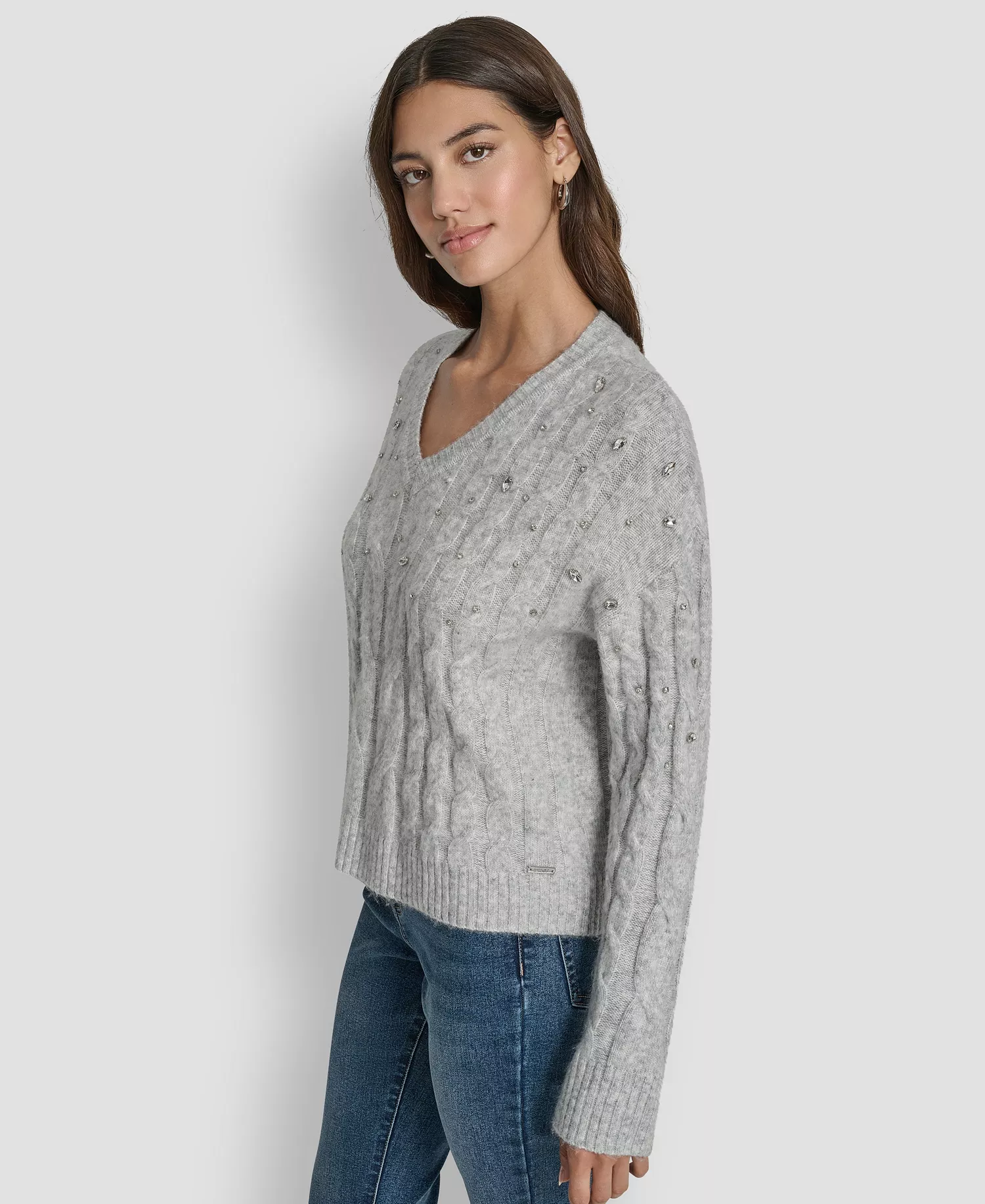 Women's Embellished Detail Long-Sleeve Sweater - Sky Grey Heather - L