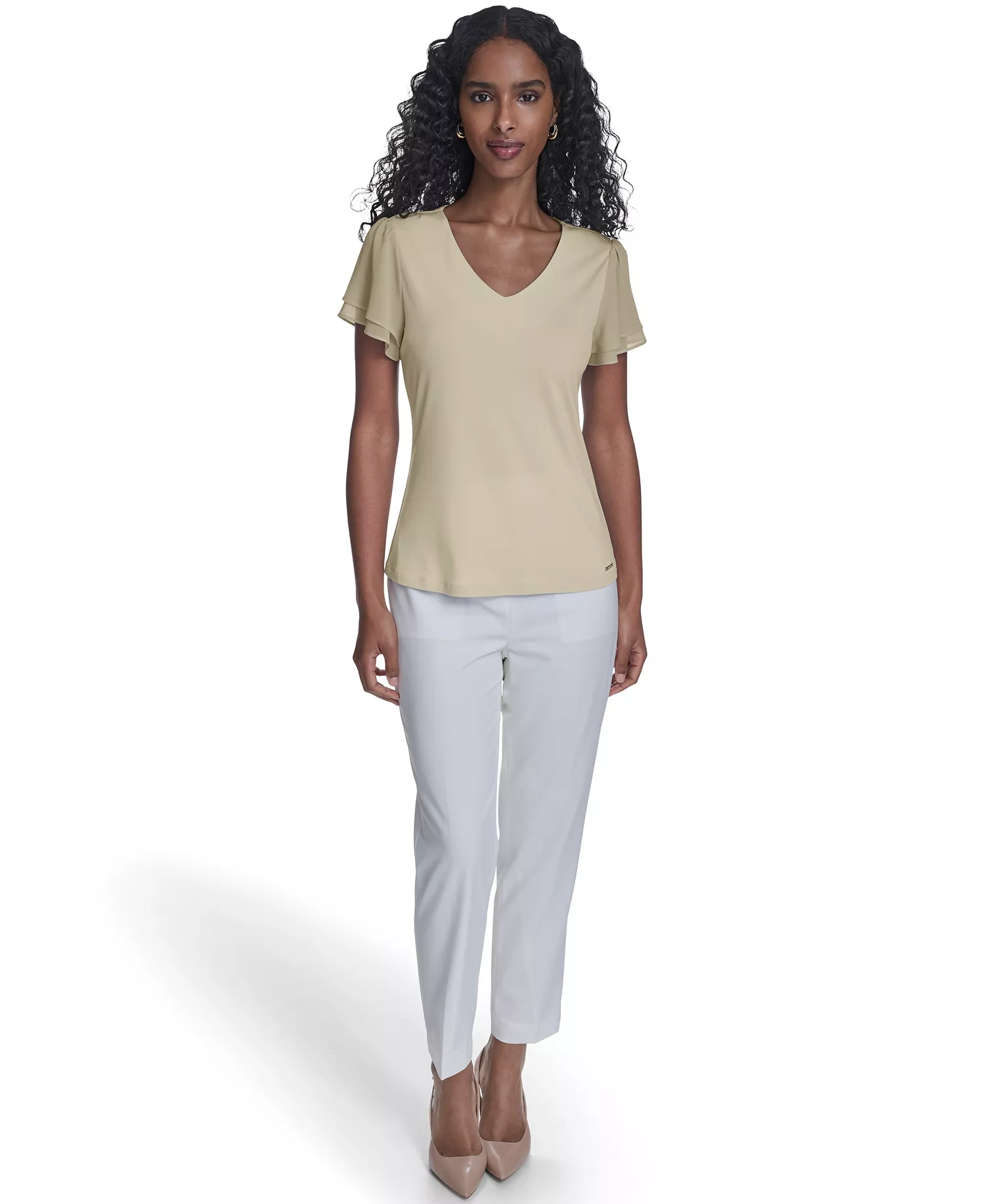 Women's Solid V-Neck Blouse - Double Cream - L