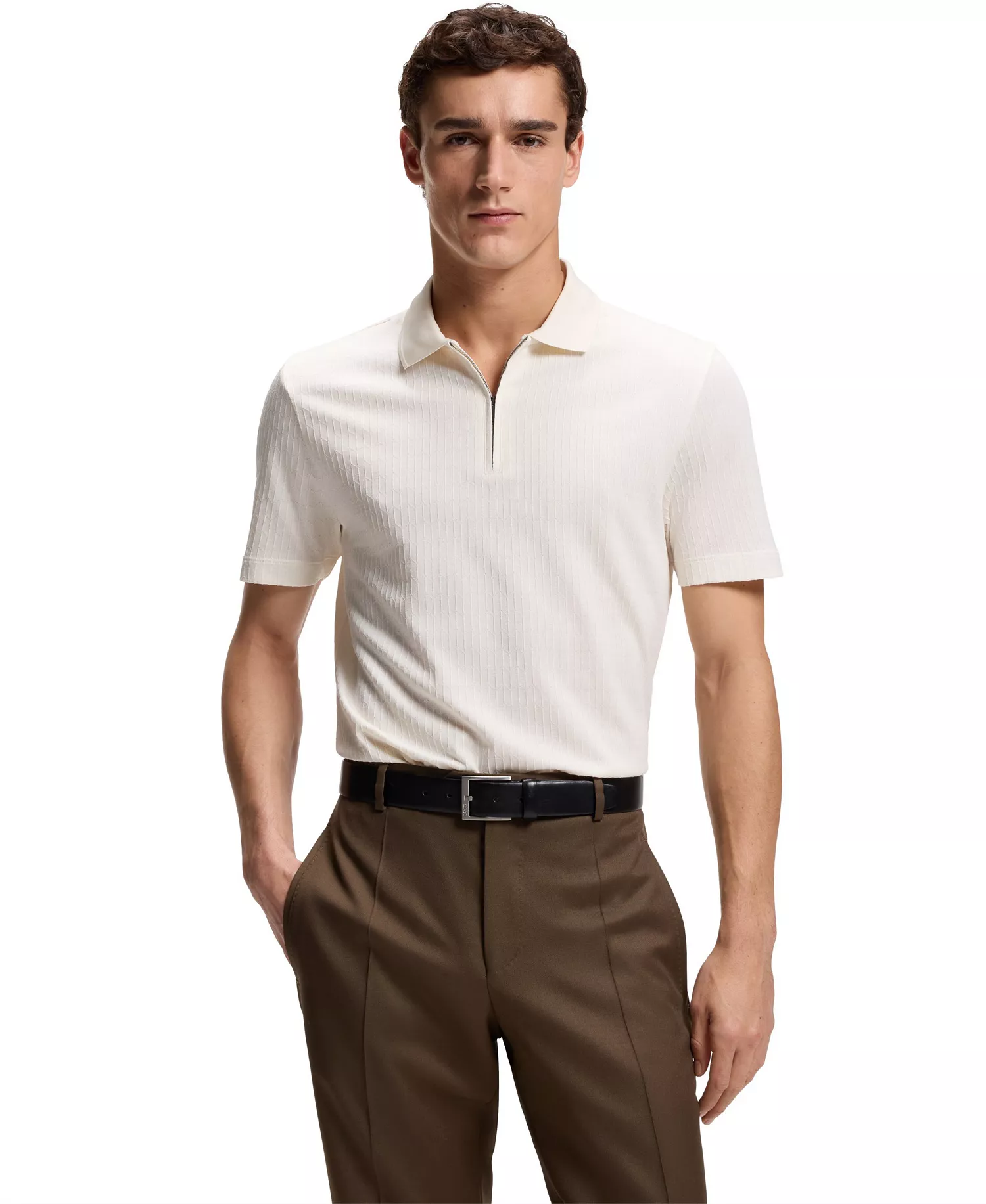 Men's Cotton Silk Zip-Neck Polo Shirt - Open White - L