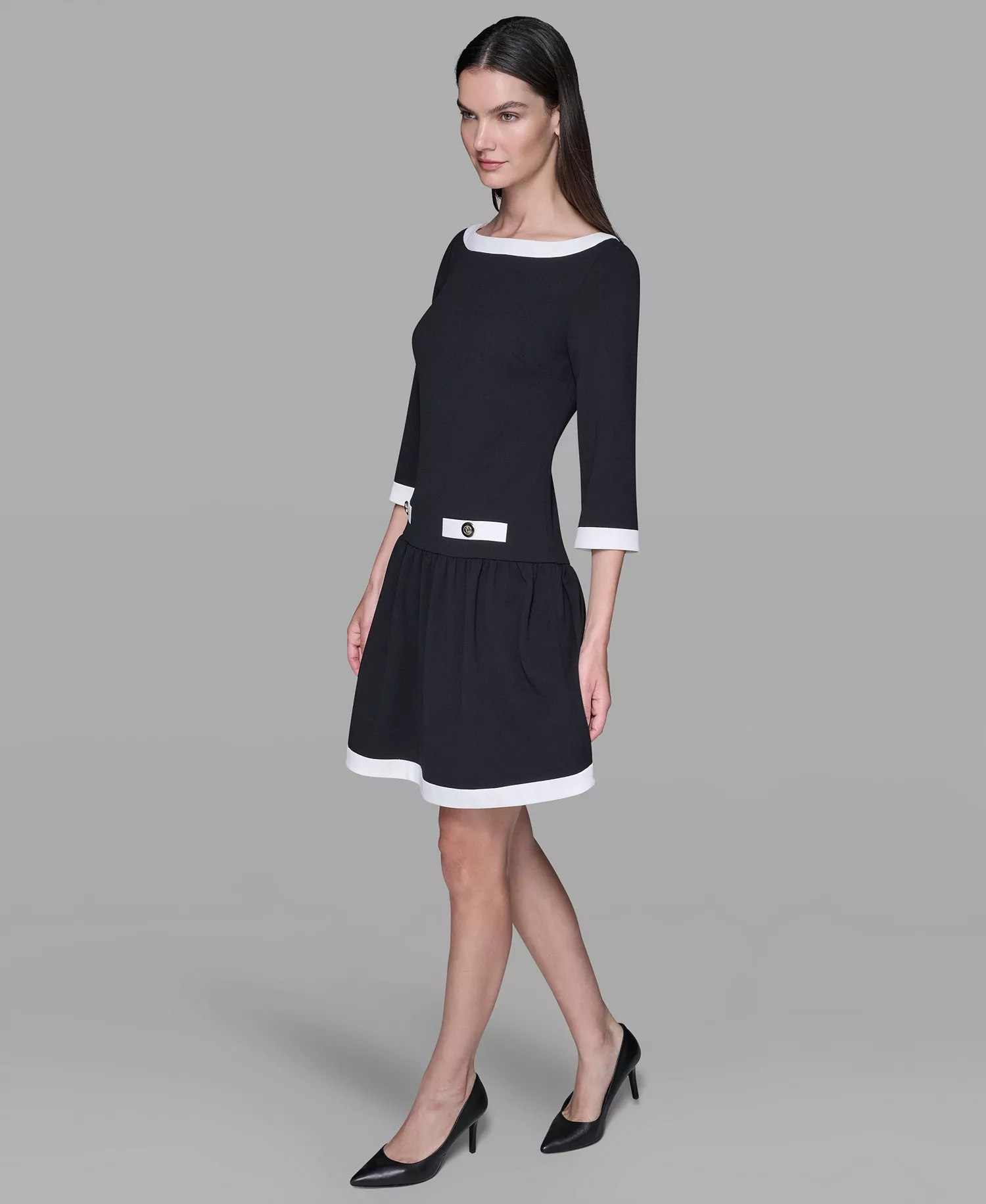 Women's Scuba Crepe Boat Neck A-Line Dress - Black/ Soft White - 10