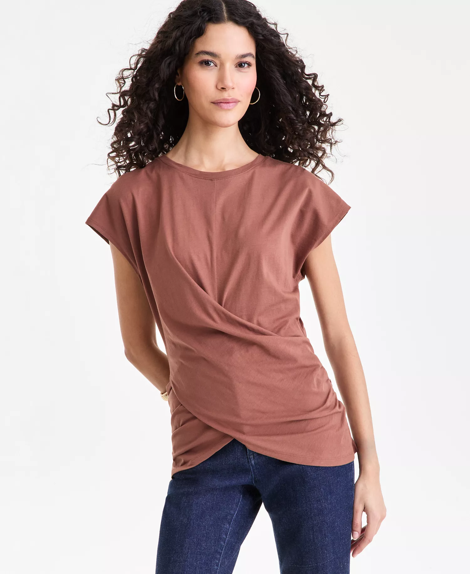 Women's Cotton Twist-Front Cap-Sleeve Top, Macy's Exclusive - Copper Moon - L