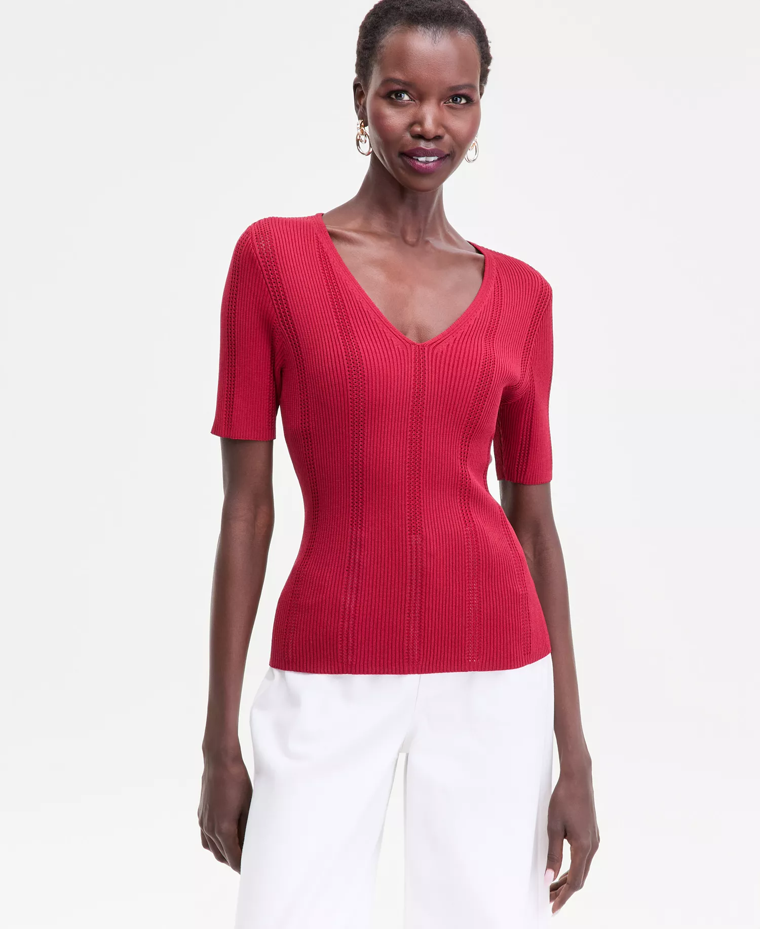 Women's Short-Sleeve V-Neck Pointelle Rib Knit Sweater, Macy's Exclusive - Bright Crimson - L