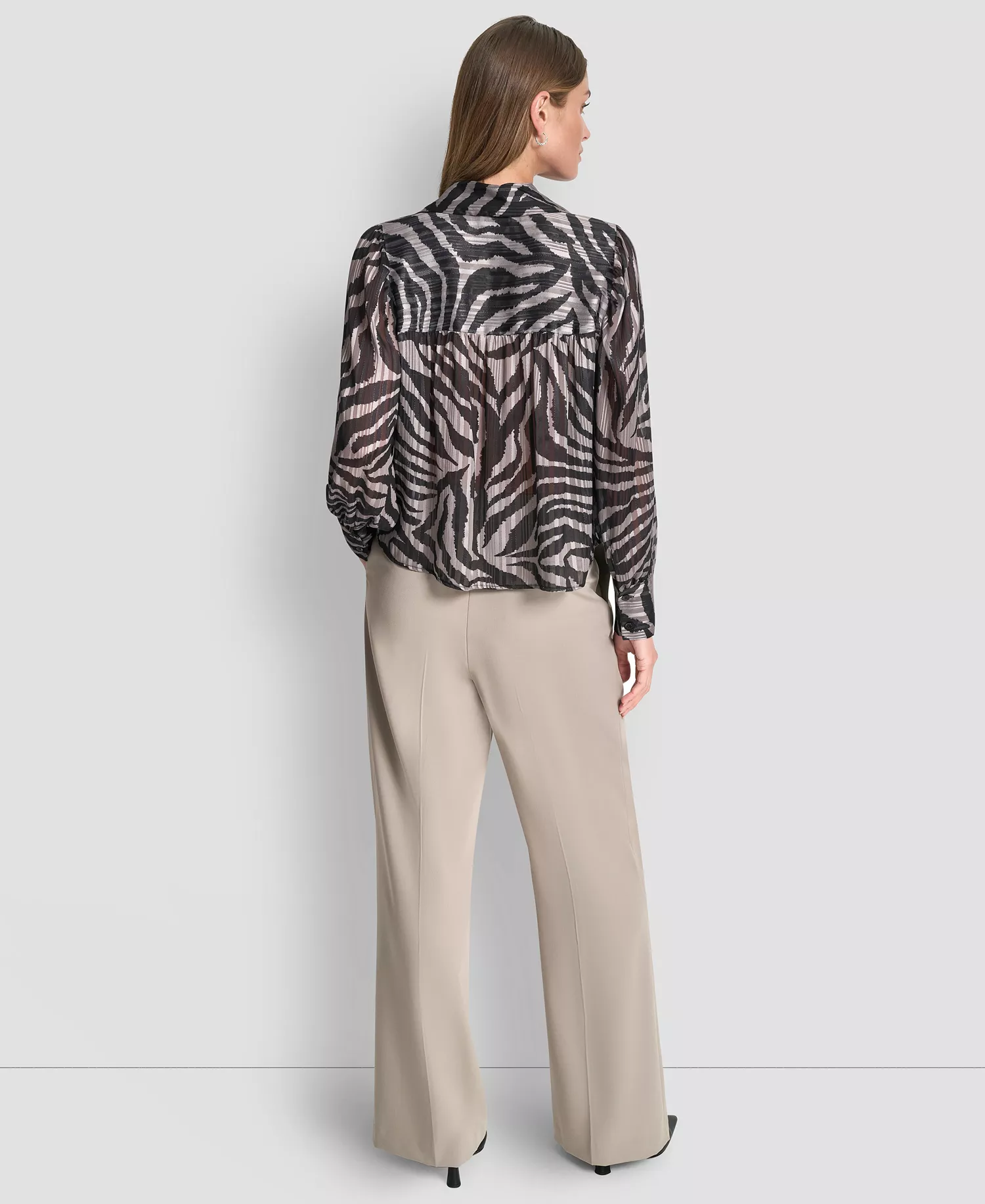 Women's Long Sleeve Collared Blouse - Black/tan - L