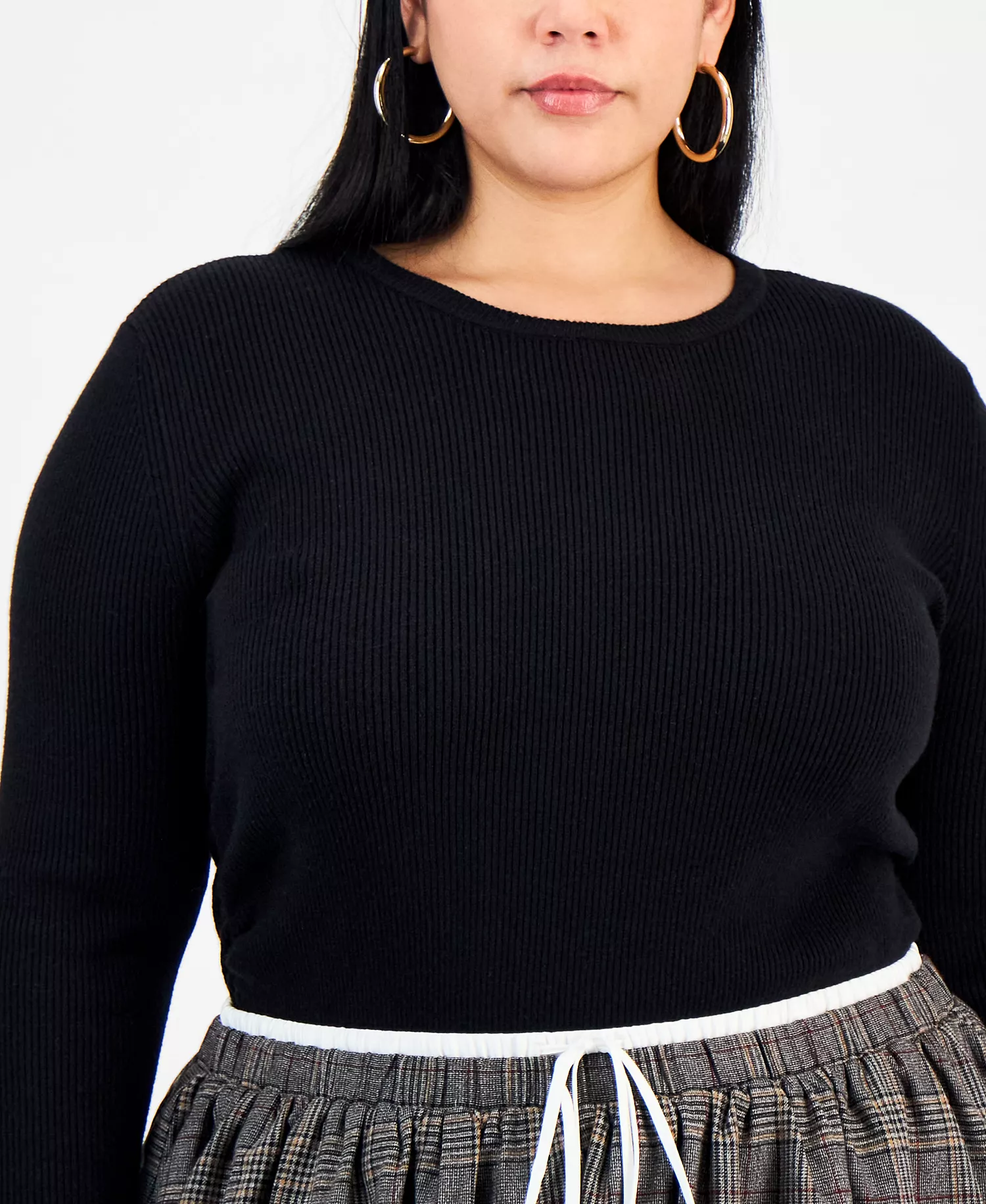 Trendy Plus Size Long Sleeve Ribbed Knit Top, Macy's Exclusive - Black - 0X
