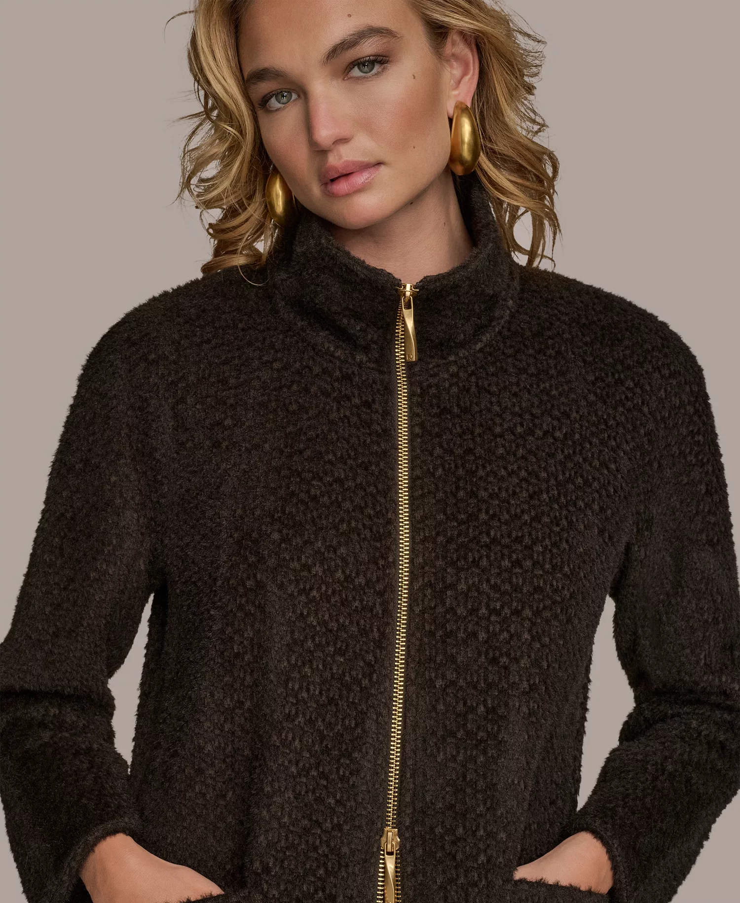 Women's Zip Front High Collared Coat - Chocolate - L