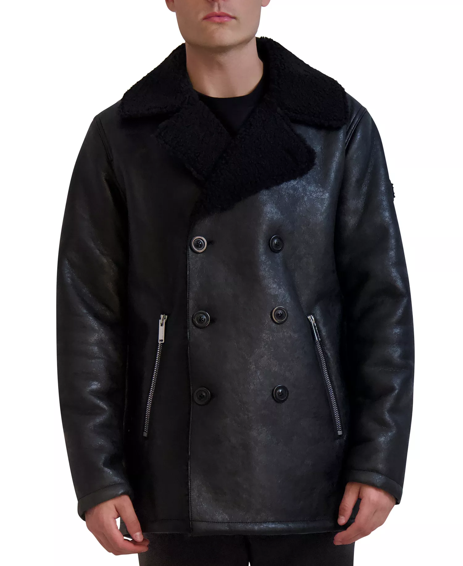 Paris Men's Faux-Shearling Double-Breasted Car Coat - Black - 2XL