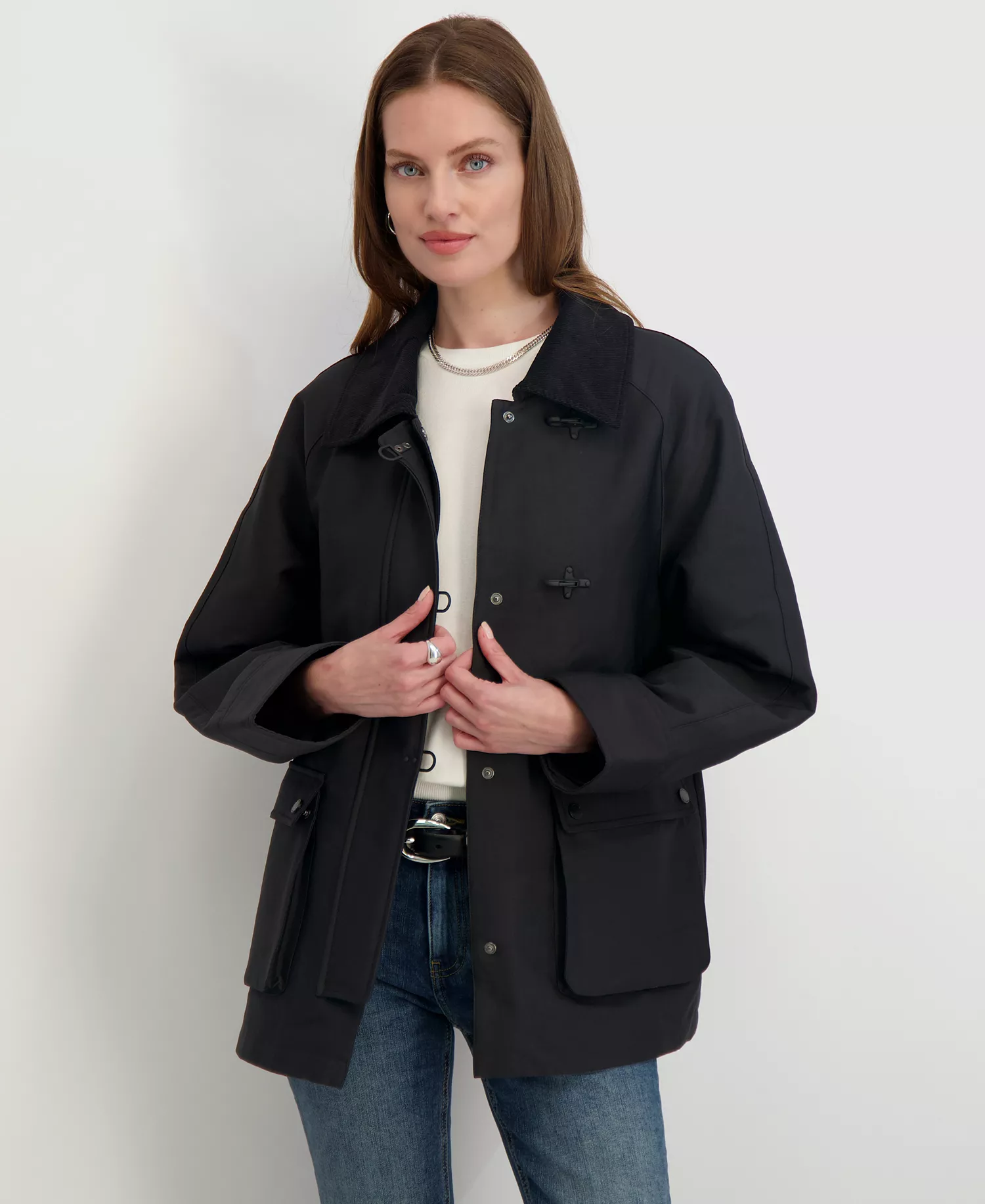 Women's Collared Canvas Barn Jacket - Black - L