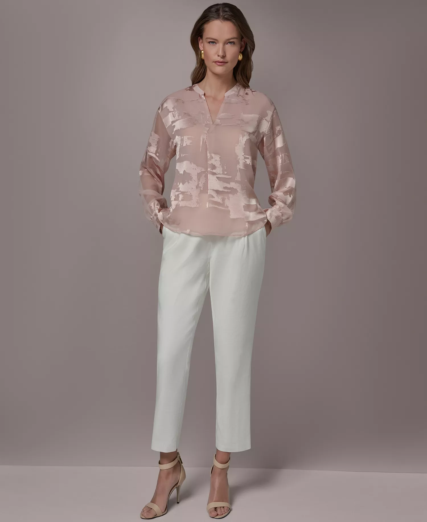 Women's Split V-Neck Long-Sleeve Top - Snow Petal - L