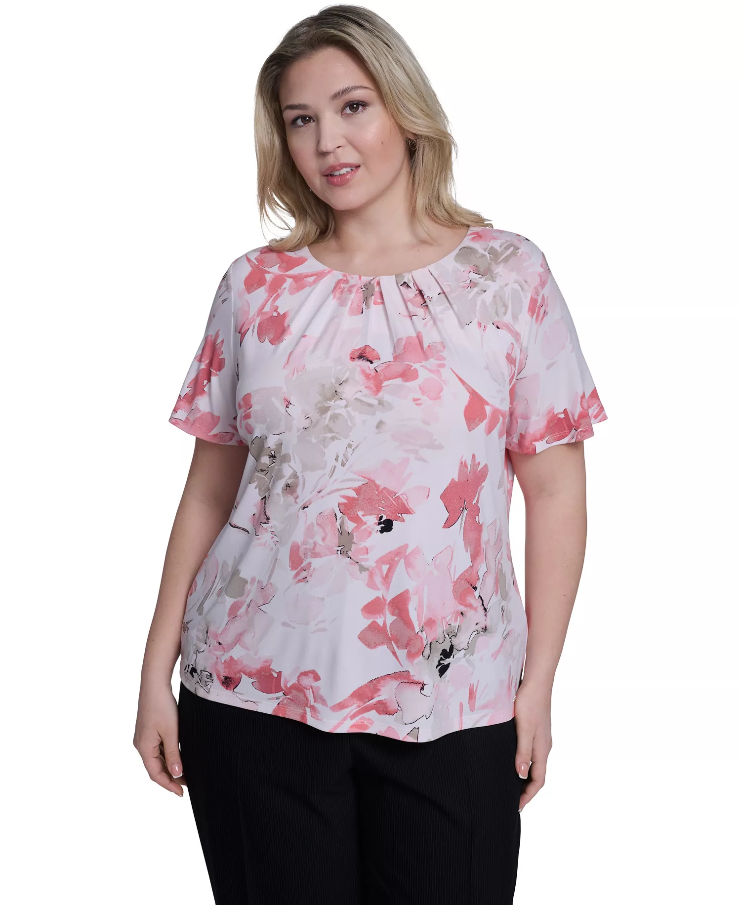 Plus Size Knit Short-Sleeve Crew Neck Top - Petal/Latte Multi - 1X