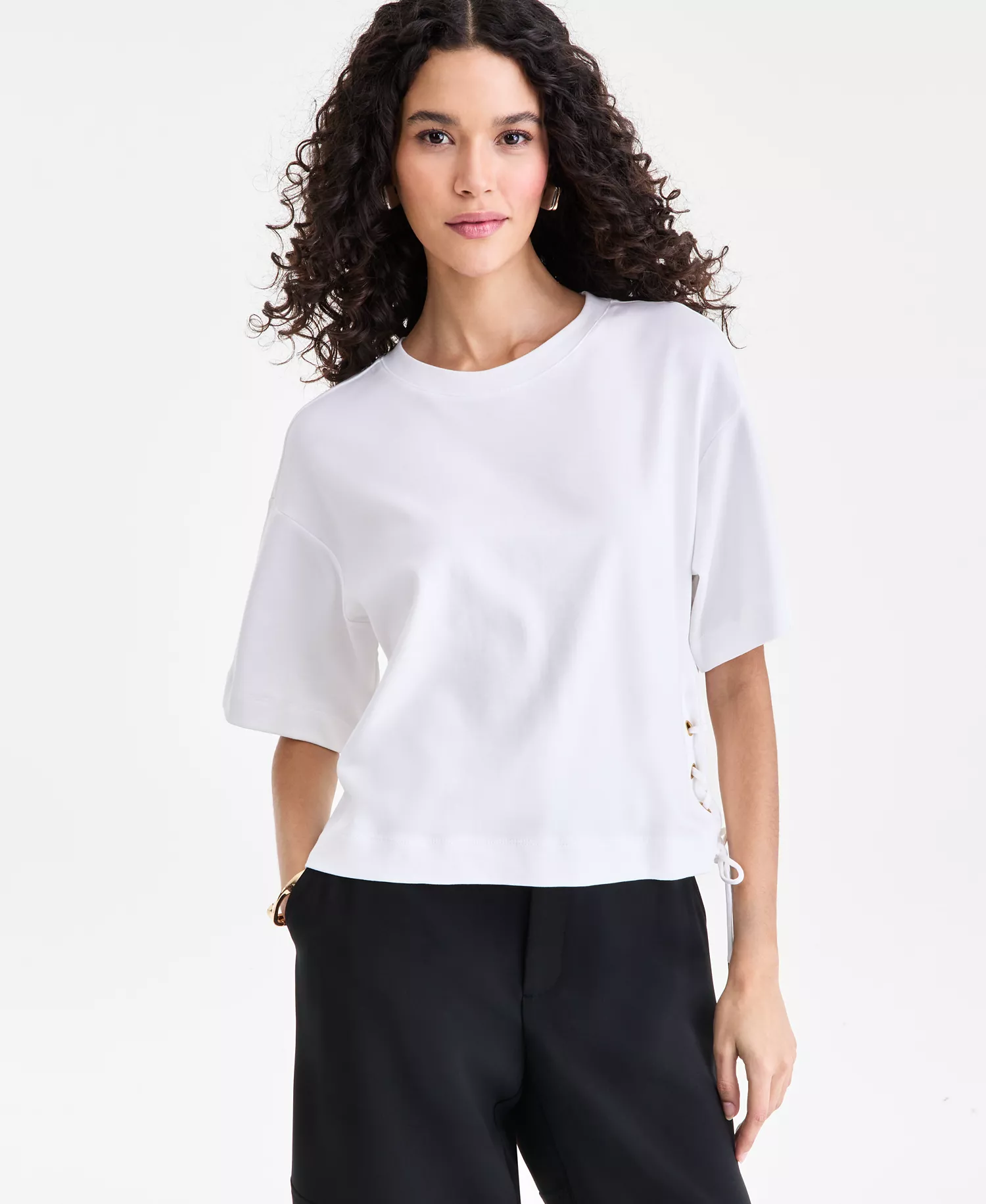 Women's Cotton Lace-Up-Hem T-Shirt, Macy's Exclusive - Bright White - L