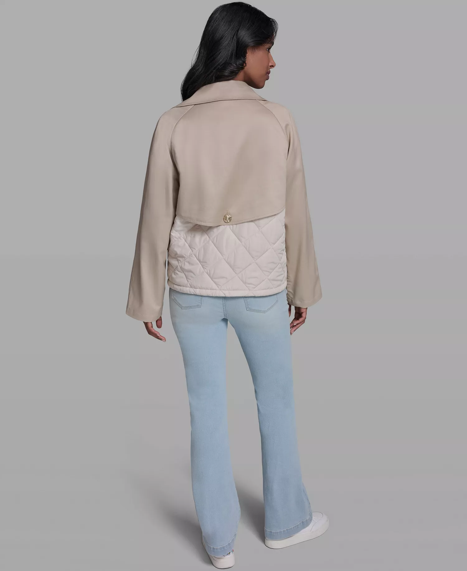 Women's Crop Trench Button-Sleeve Quilted Back Jacket - French Beige - L