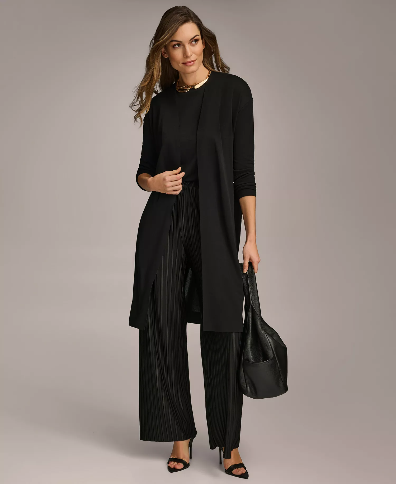 Women's Tie Waist Long Cardigan - Black - L