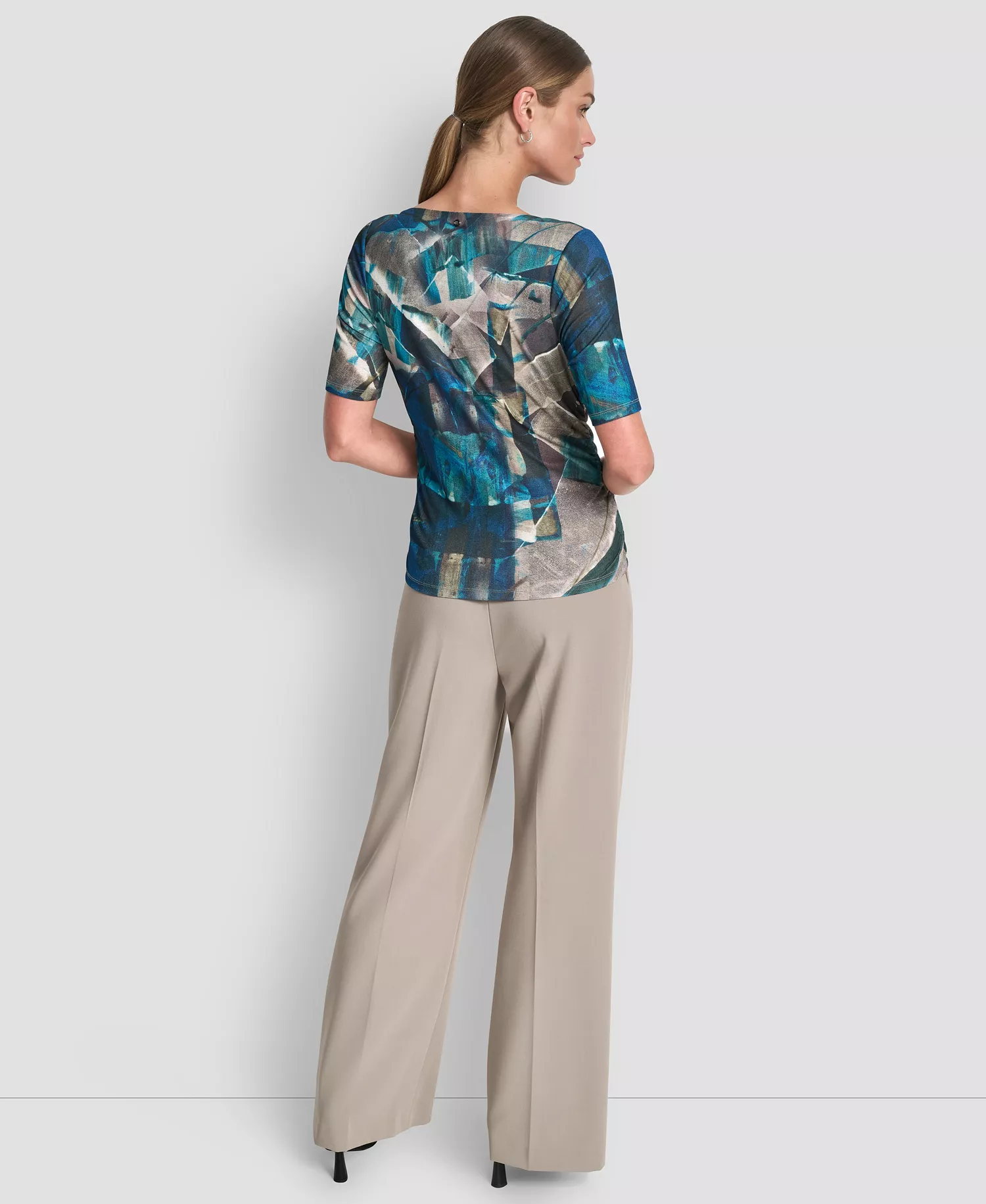 Women's Drape Neck Short Sleeve Top - City Taupe/ocean Blue Multi - S