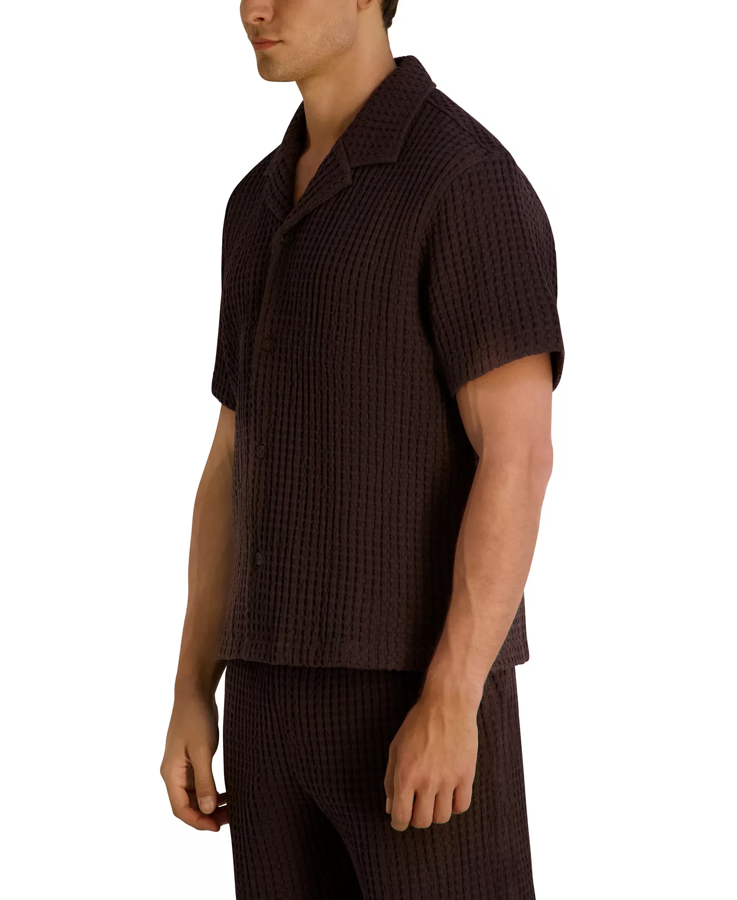 Men's Camp Collared Textured Short-Sleeve Woven Shirt - Drak Brown - 2XL