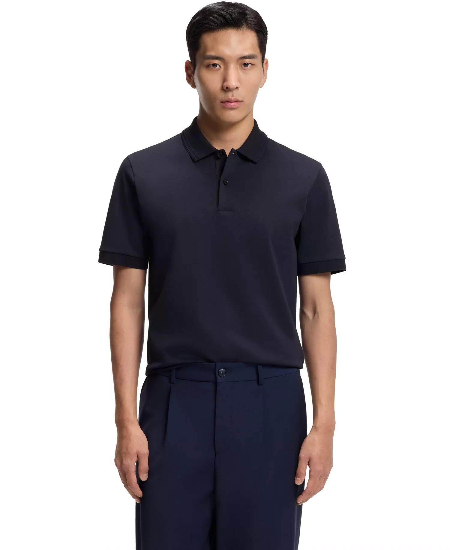 Men's Monogram Under Placket Cotton-Blend Polo Shirt - Dark Blue - L
