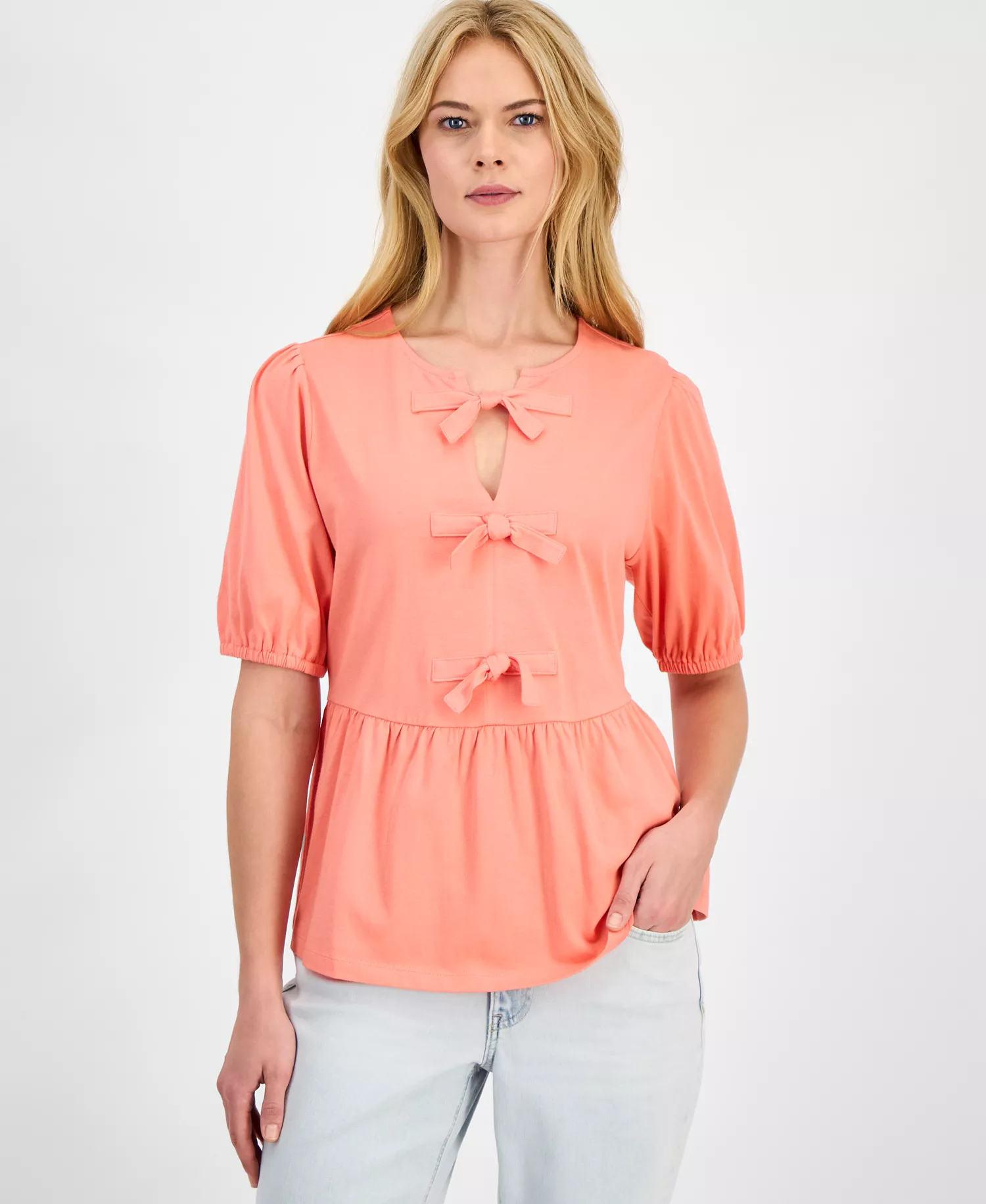 Women's Solid Bow Peplum Top - Bloom - L