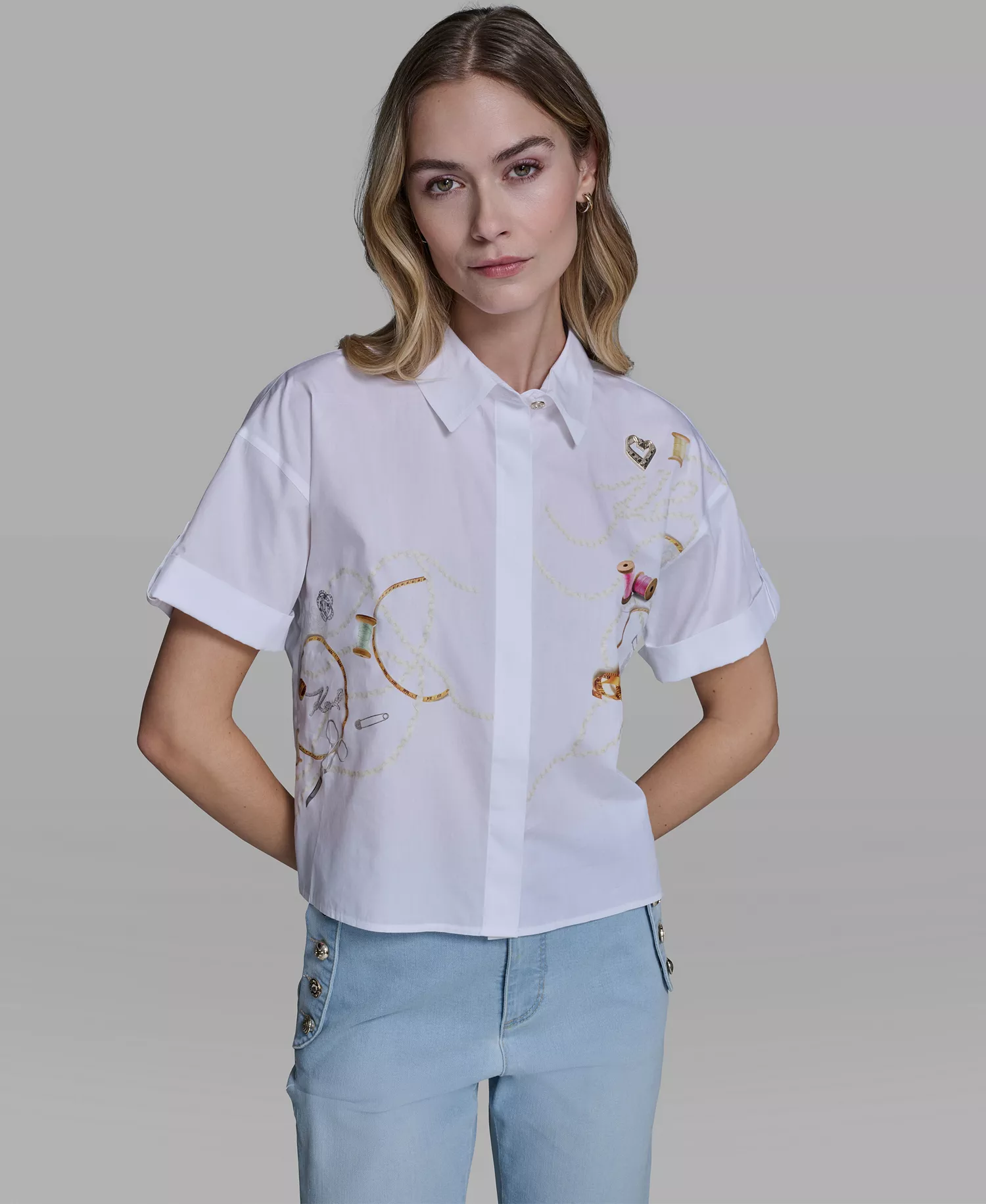 Women's Short-Sleeve Sewing Theme Top - White - L