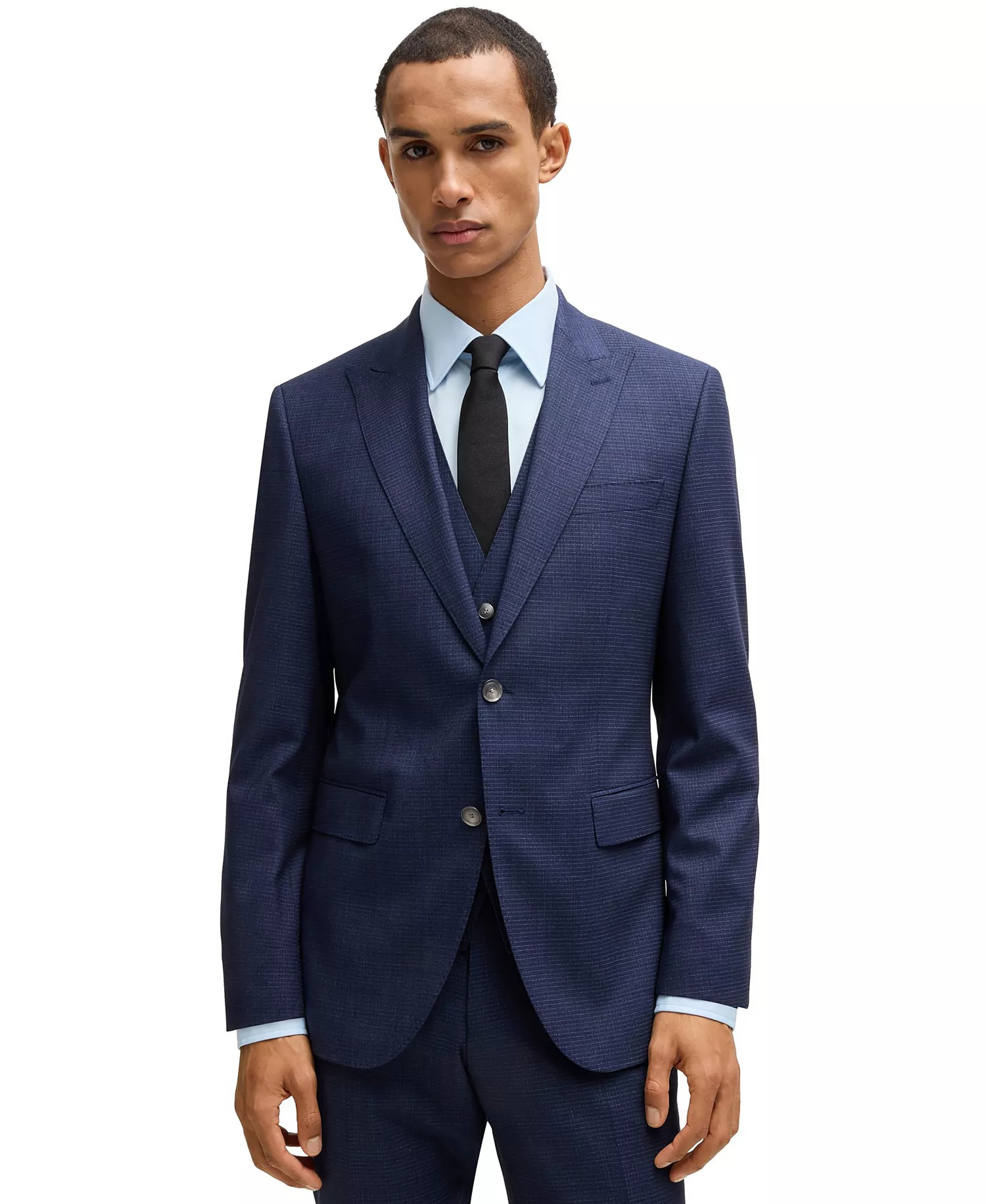 Men's Stretch Wool Regular-Fit Three-Piece Suit - Dark Blue - 38R