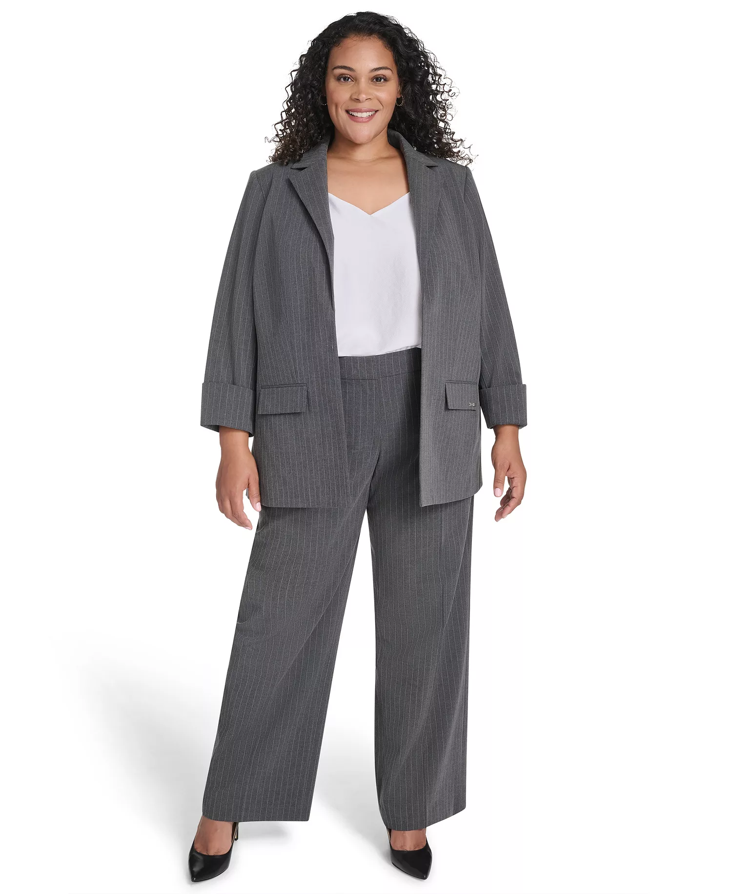 Plus Size Pinstripe Long Sleeve Blazer - Heather Charcoal Multi - 14W