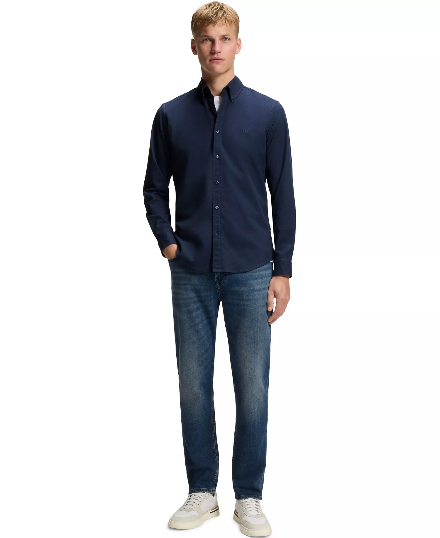 Men's Stretch-Cotton Dobby Regular-Fit Dress Shirt - Open Blue - L