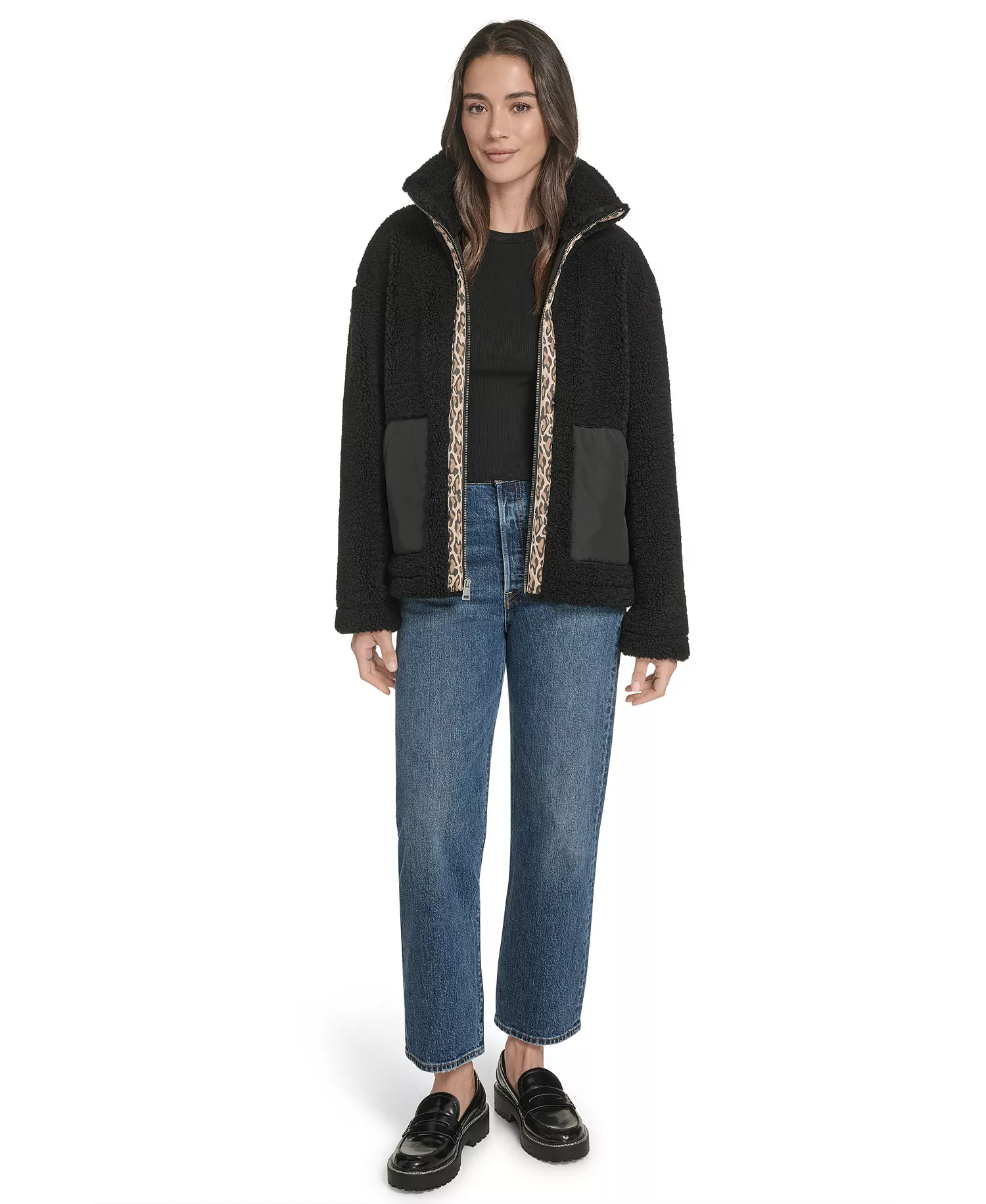 Women's Regular Stand Collar Sherpa Teddy Jacket - Black - M