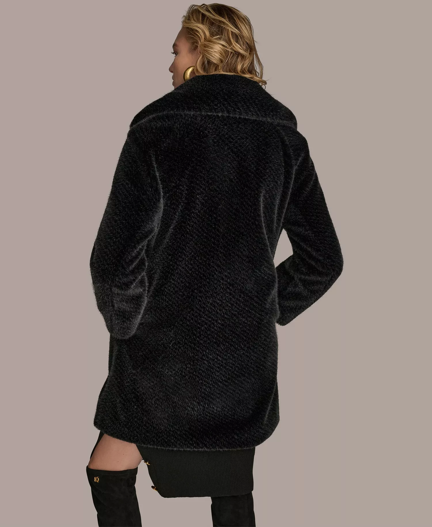 Women's Notched-Collar Faux-Fur Coat - Black - M