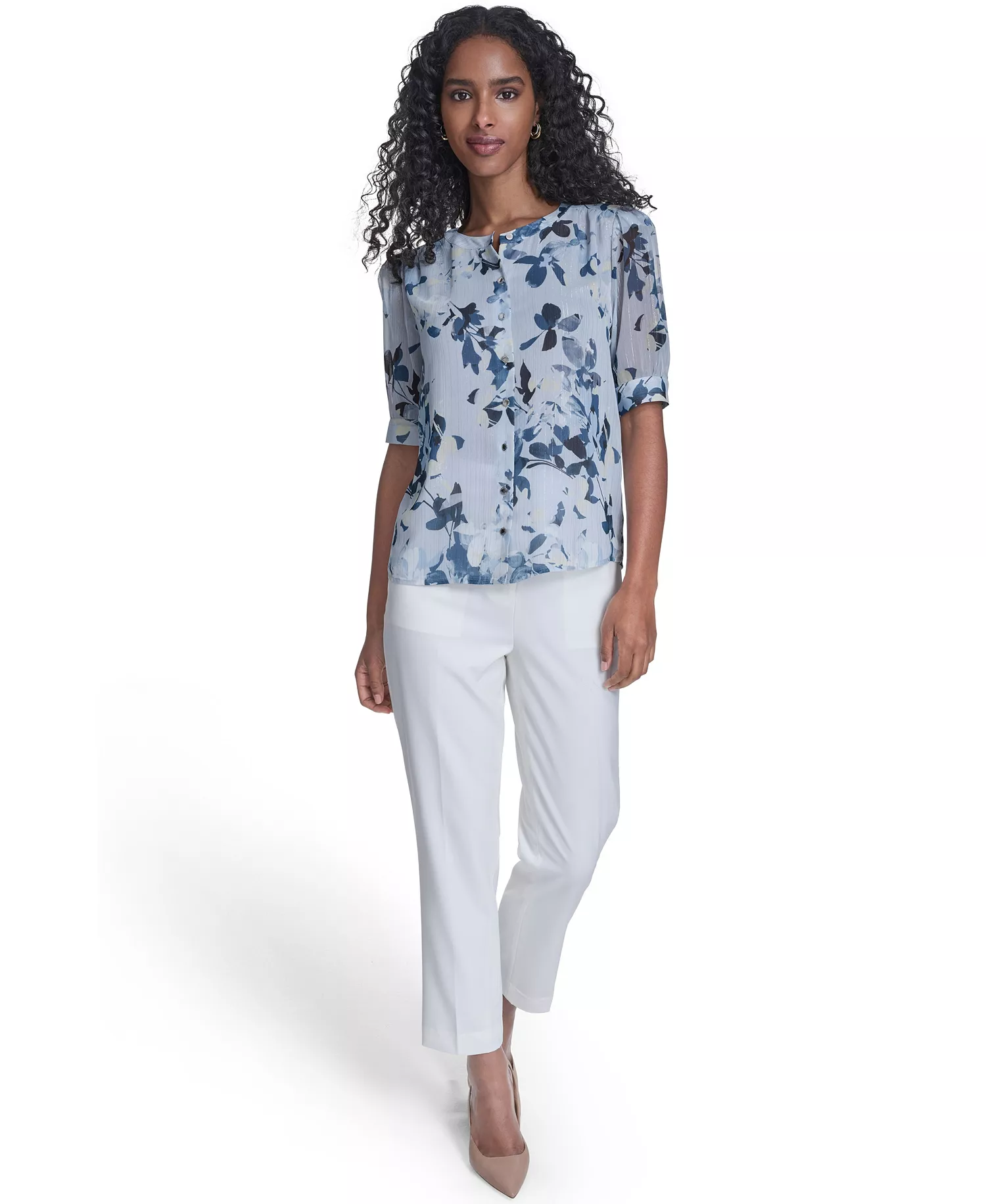 Petite Short-Sleeve Button Front Top - Mist/Double Cream - P/L