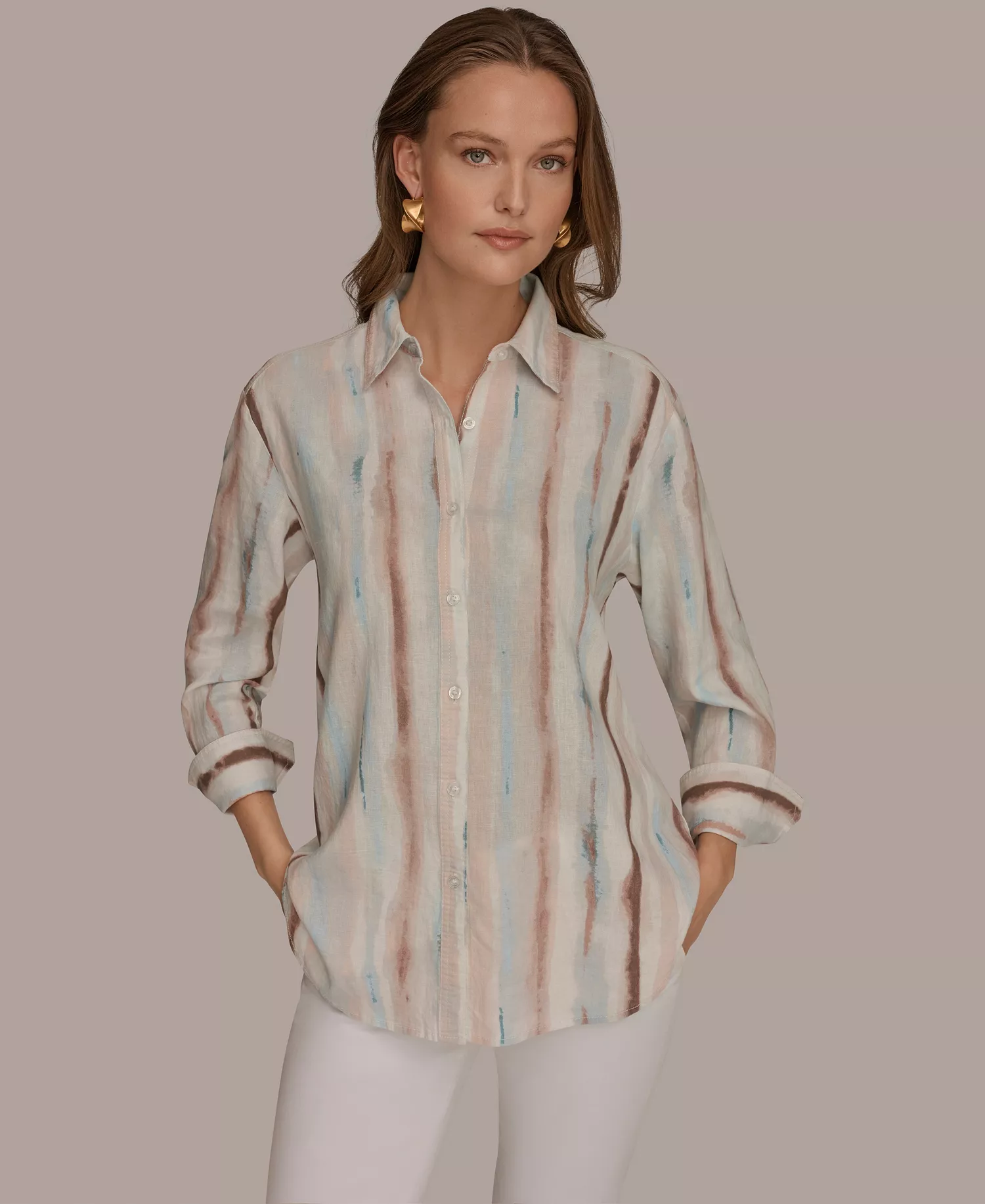 Women's Long-Sleeve Button-Down Shirt - Watercolor Stripe Print - L