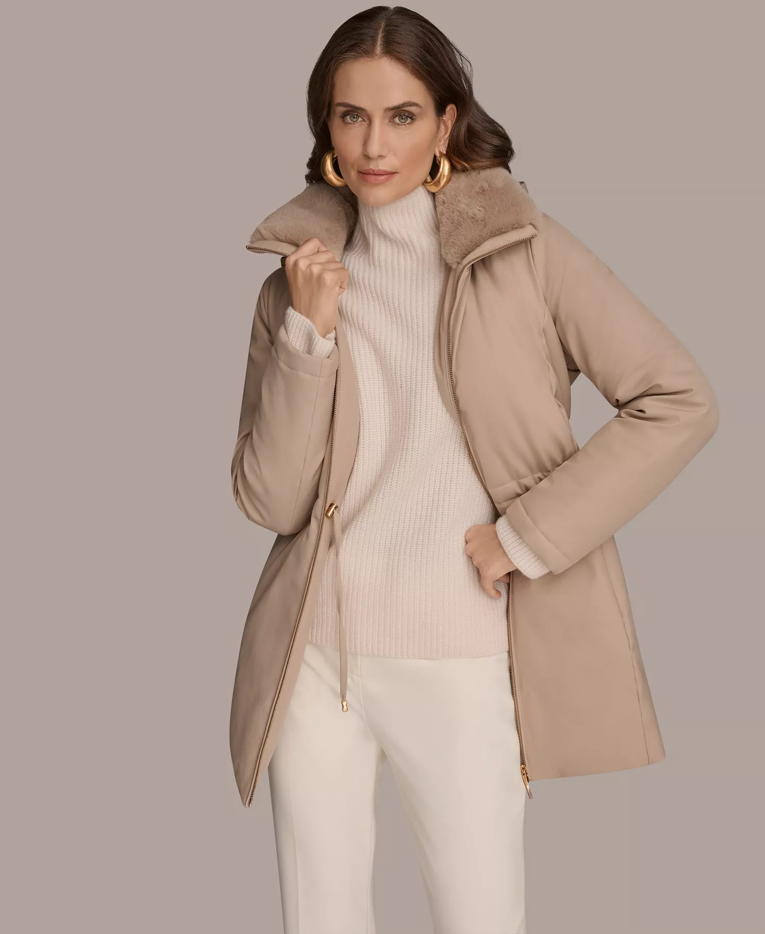 Women's Faux-Fur-Collar Short Puffer Coat - Barley - L