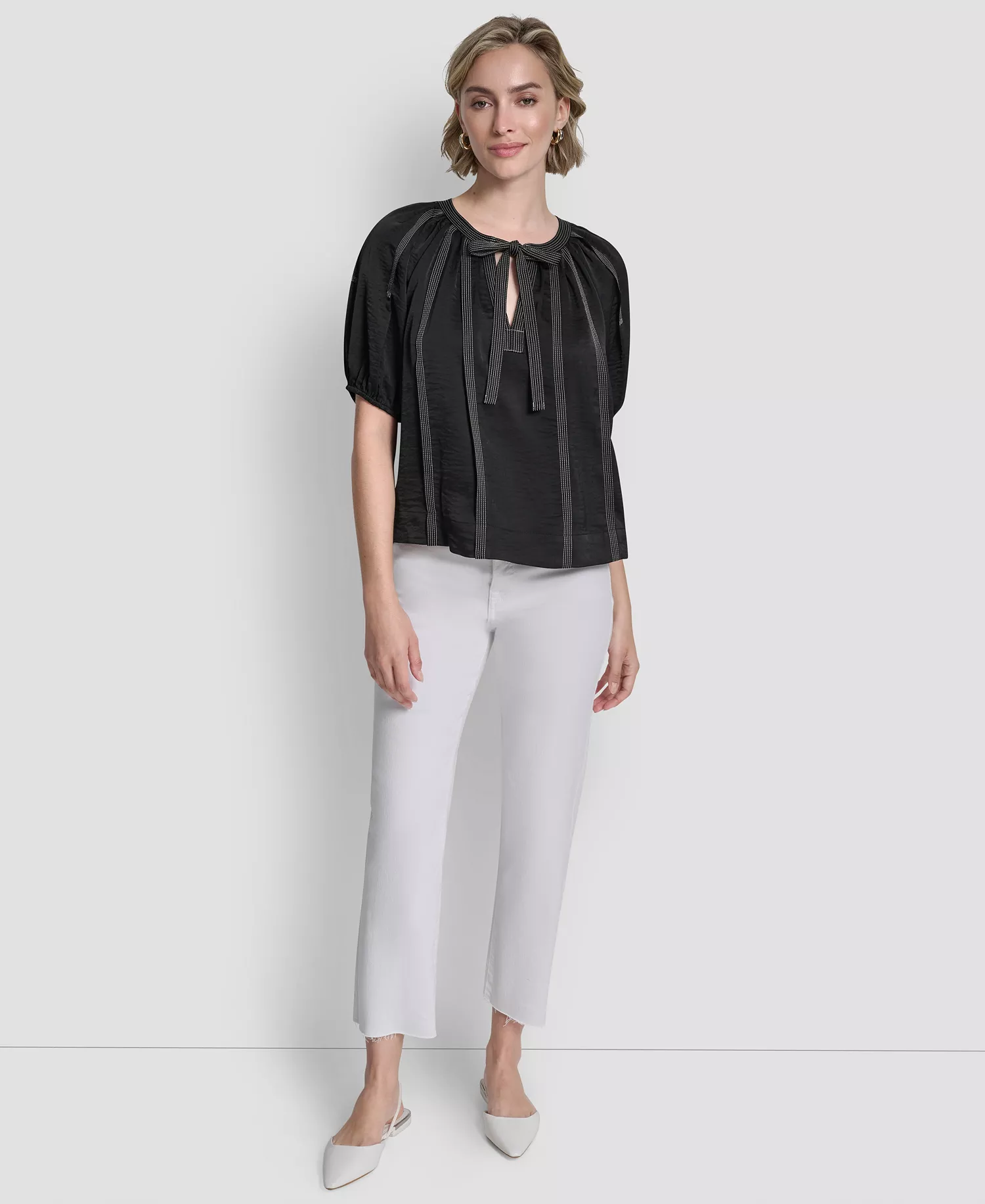 Women's Puff-Sleeve Top Stitch Tie Front Blouse - Black - L