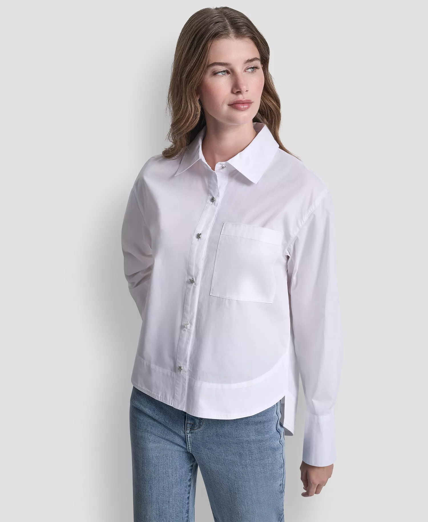 Women's Long-Sleeve Button Front Poplin Shirt - White - L