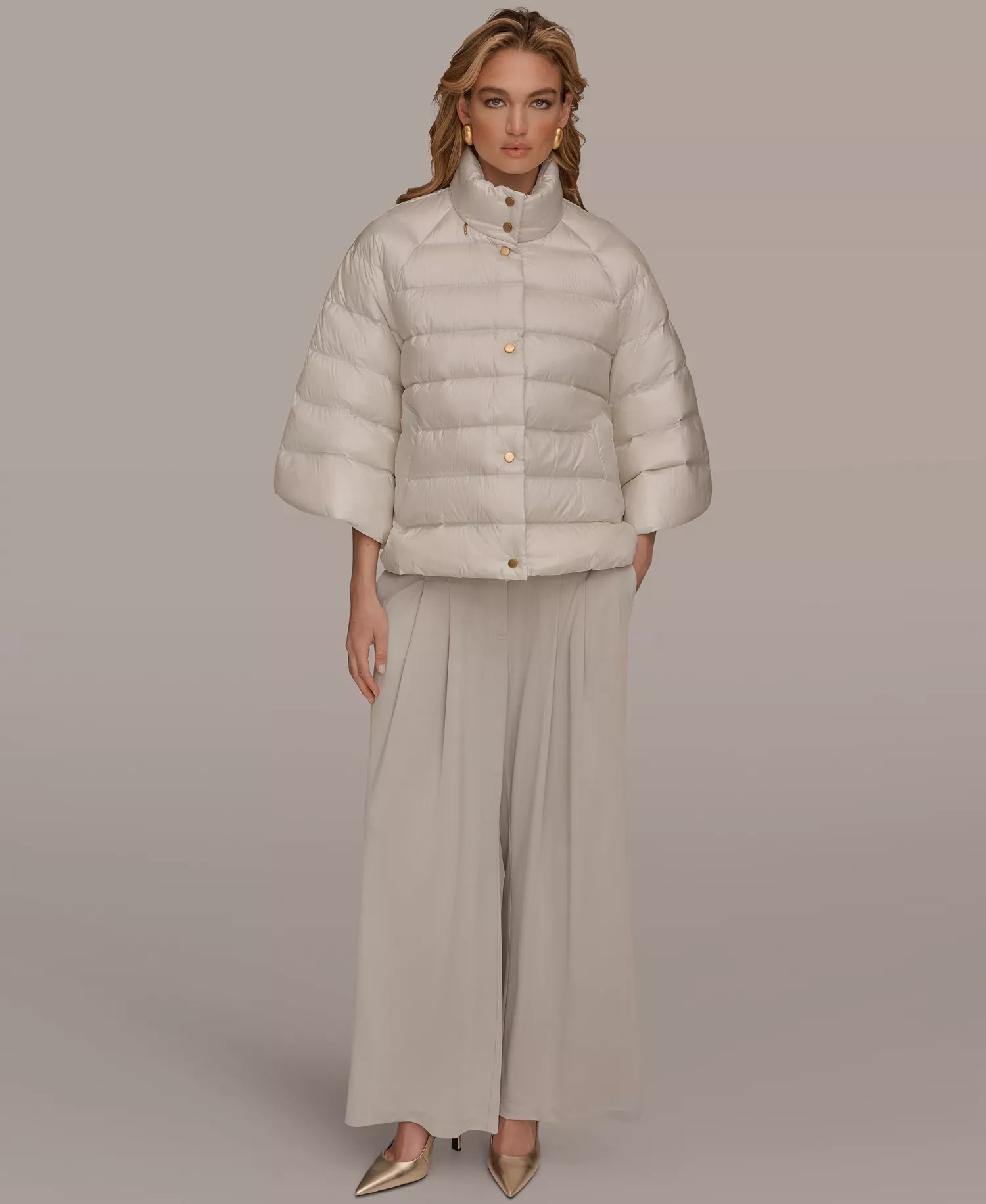 Women's Stand-Collar Down Puffer Cape - Shine White Sand - L/XL