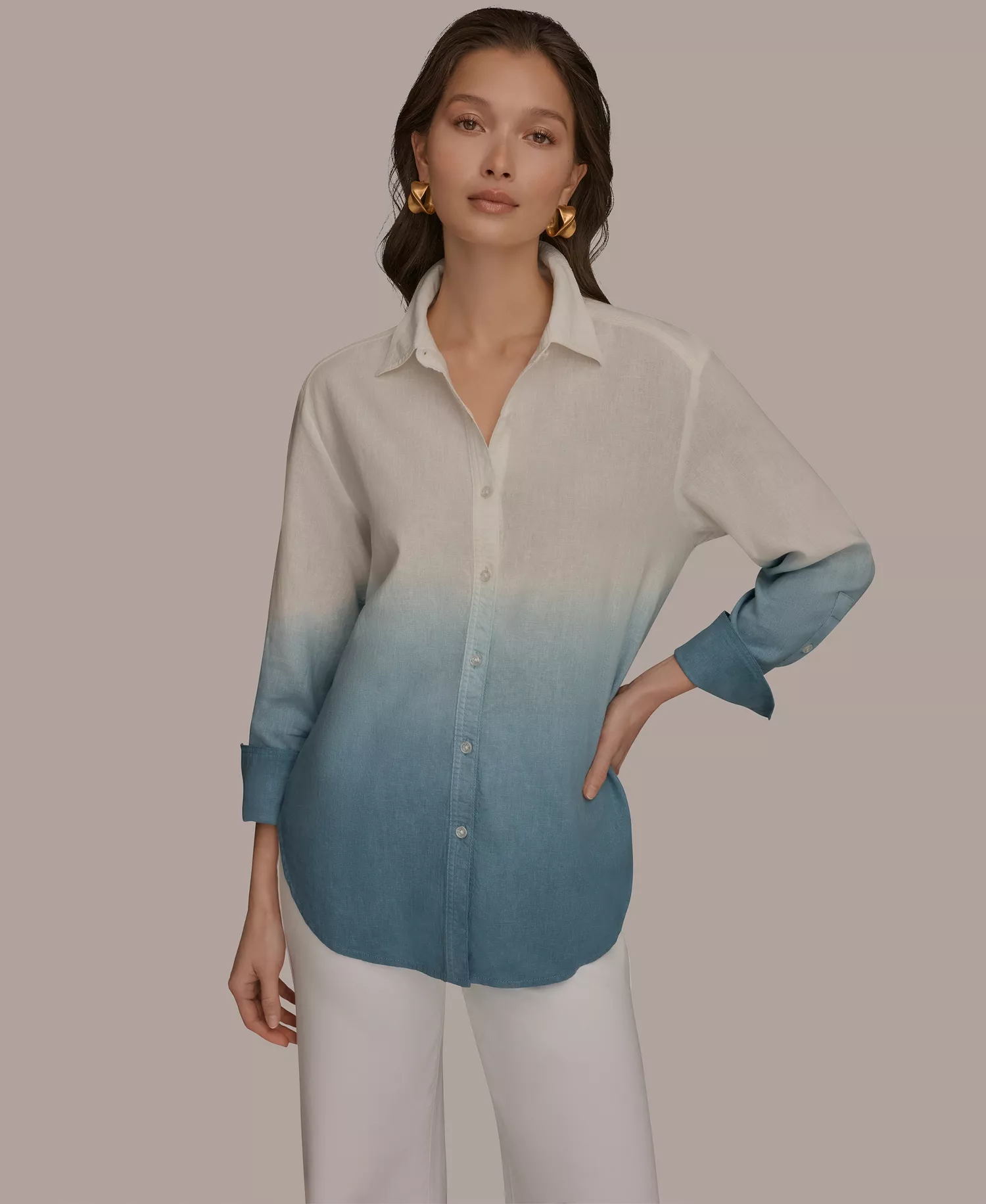 Women's Linen Dip Dye Long Sleeve Button Front Shirt - Washed Indigo Dip Dye - L