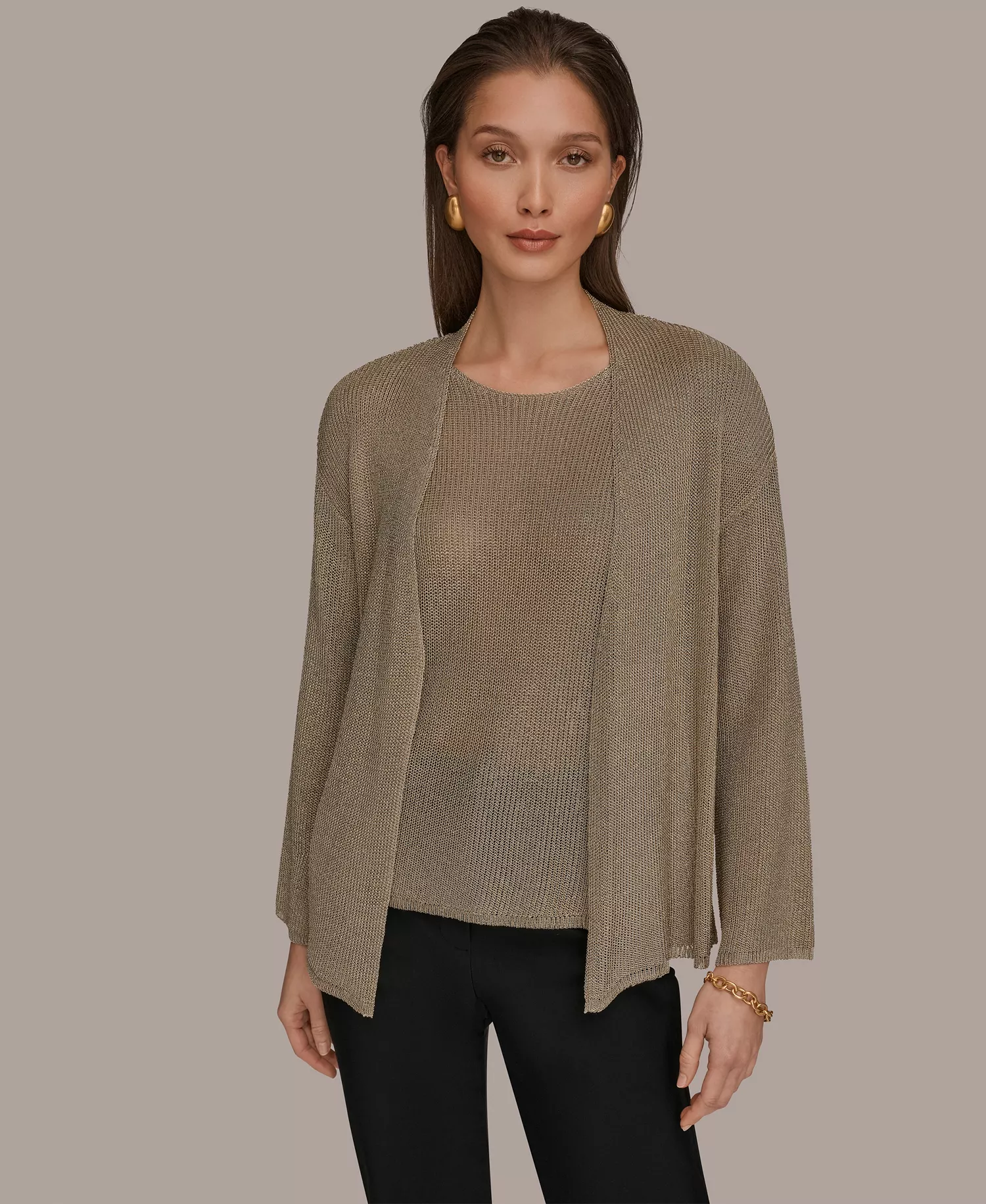 Women's Metallic V-Neck Long-Sleeve Cardigan - Tan/Beige - L