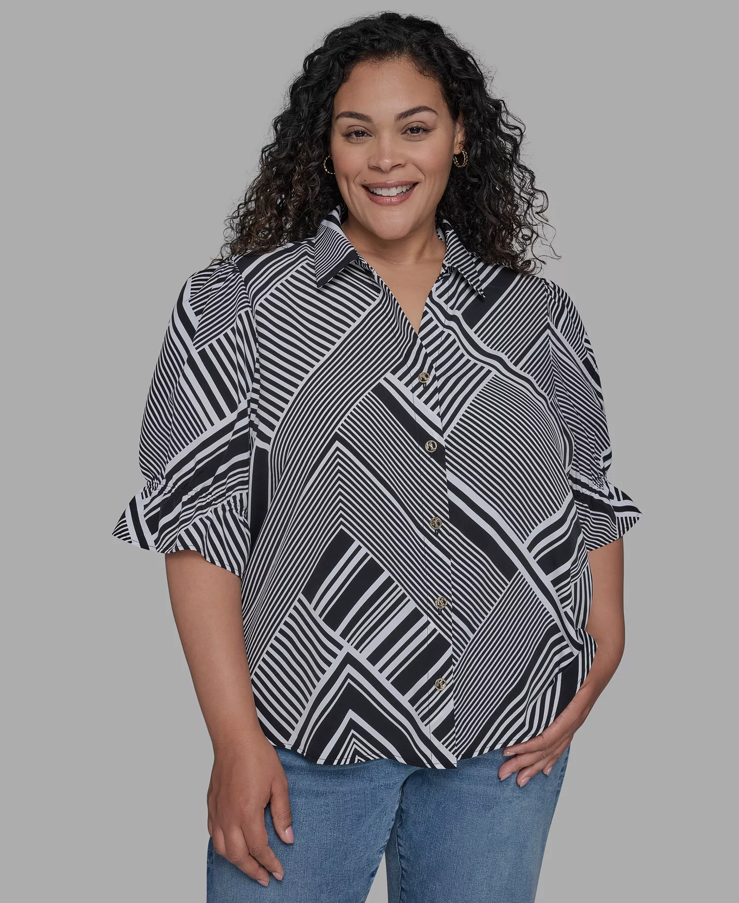 Plus Size Geo-Print Puff-Sleeve Shirt - Black Soft White - 0X