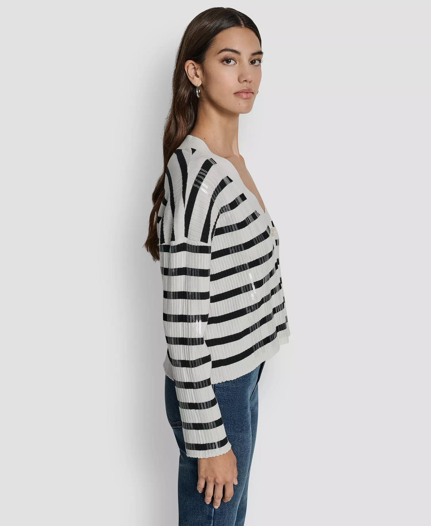 Women's Striped Sequin & Stripe V-Neck Boxy Cropped Long-Sleeve Cardigan Sweater - Black/ivory - L