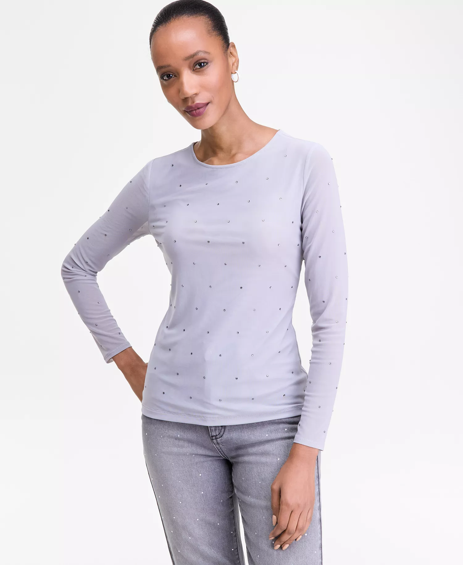 Women's Crystal Mesh Long Sleeve Top, Macy's Exclusive - Boulder Gray - L