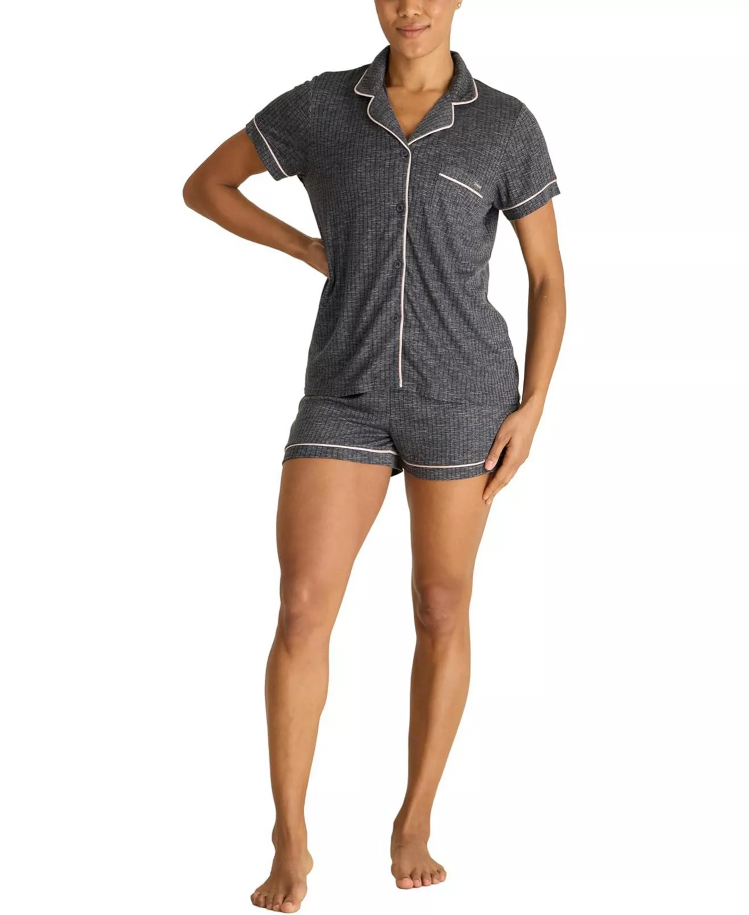 Women's Short Sleeve Notch Collar Top and Shorts 2 Piece Pajama Set - Charcoal heather - L