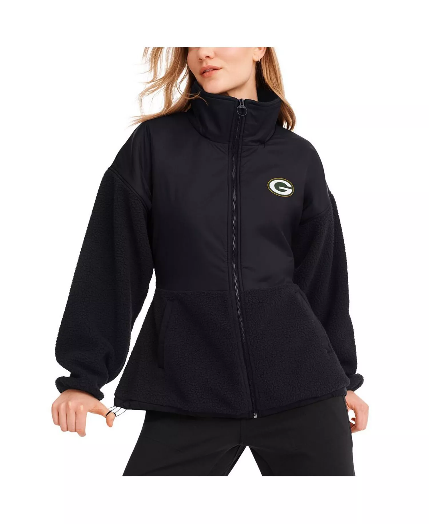 DKNY Women's Black Green Bay Packers Drew Mixed Media Full-Zip Jacket - Black - L