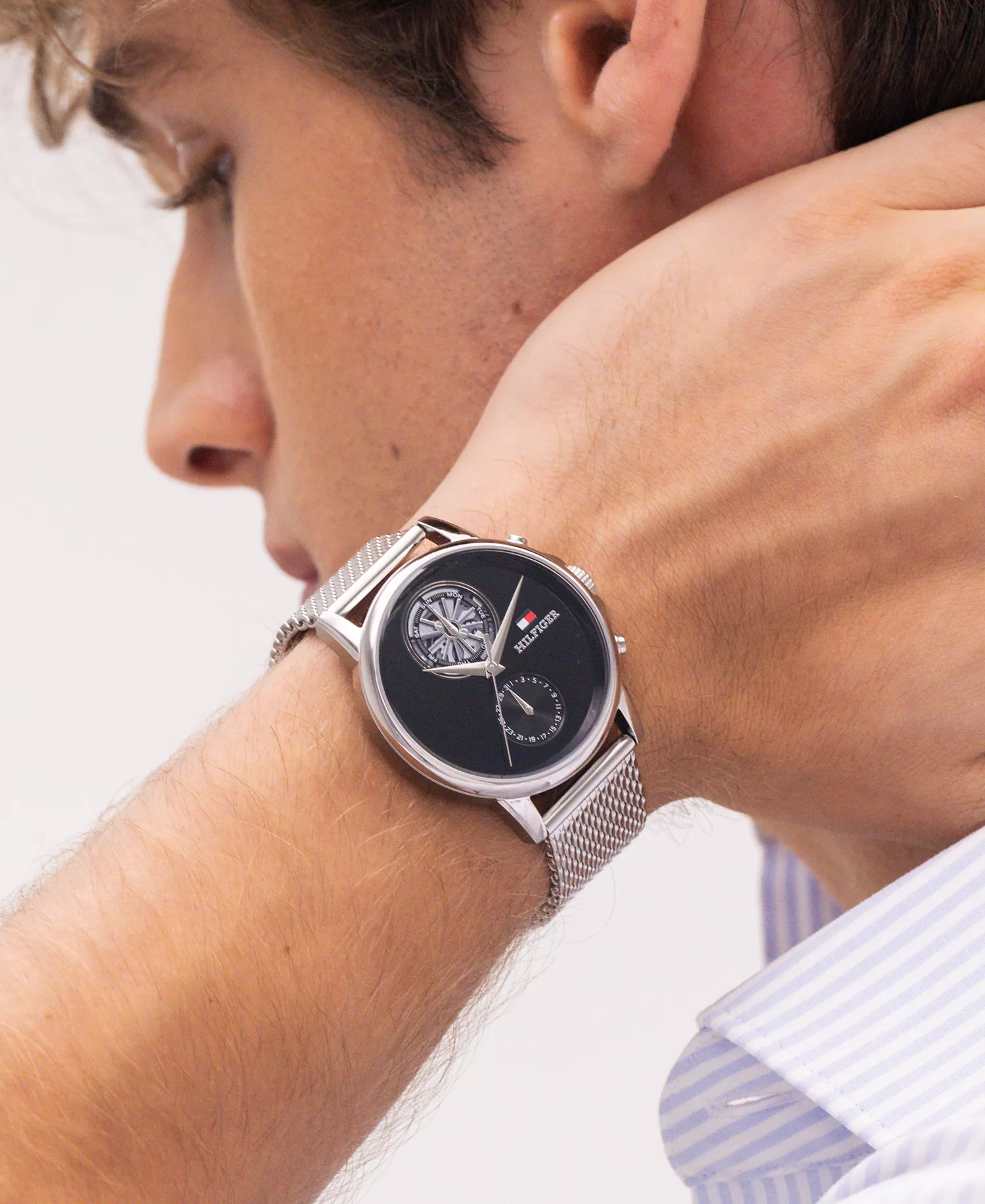 Men's Multifunction Silver Tone Stainless Steel Mesh Bracelet Watch, 40mm - Black - No Size