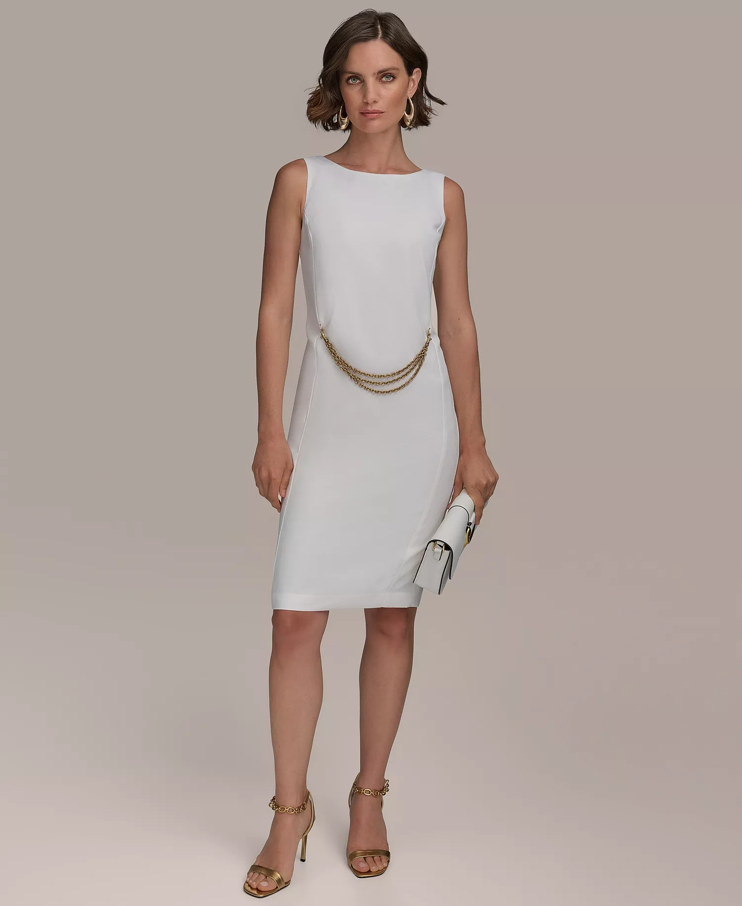 Women's Sleeveless Chain-Belt Sheath Dress - Cream - 10
