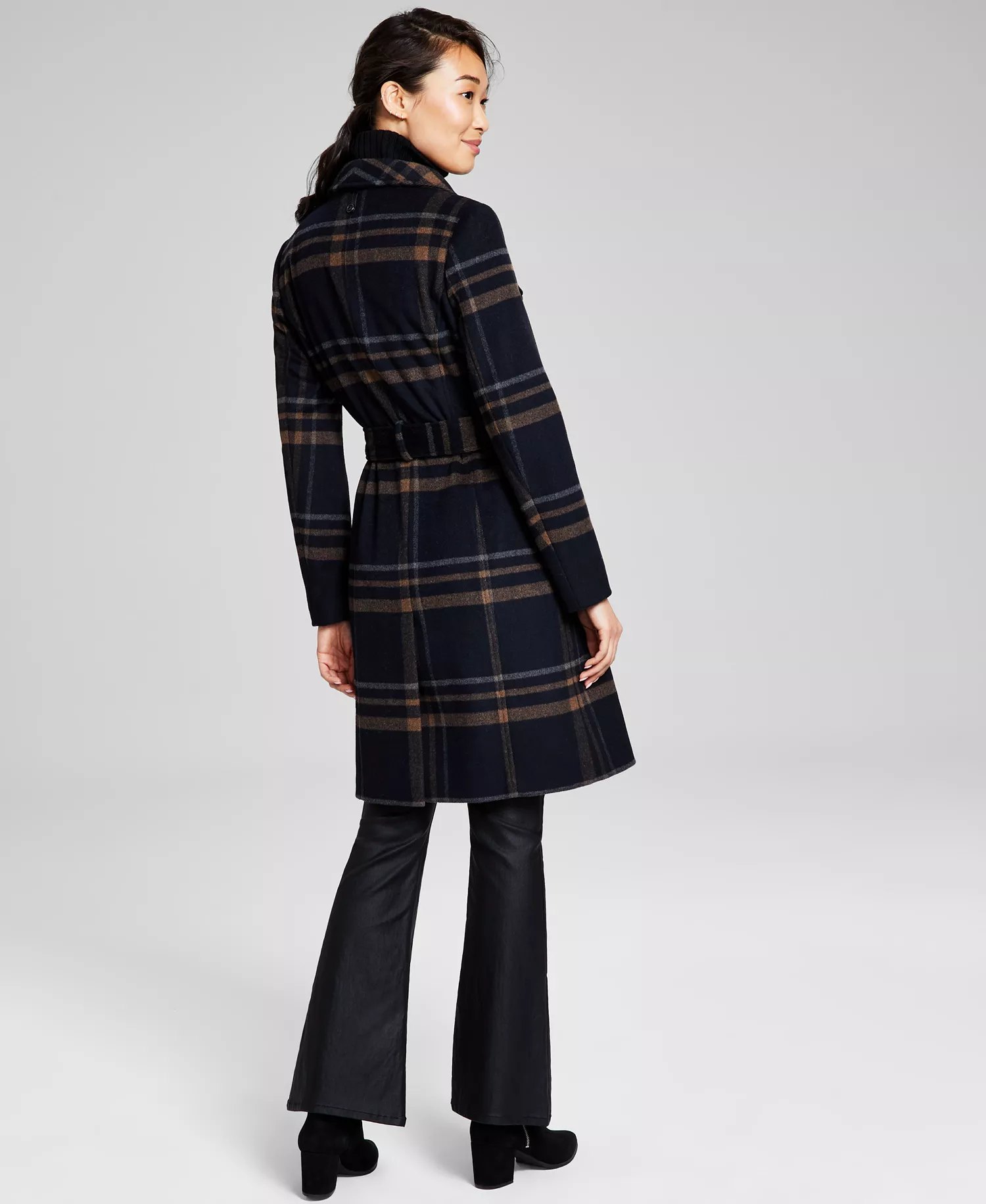 Womens Wool Blend Belted Wrap Coat, Created for Macys - Black Plaid - M
