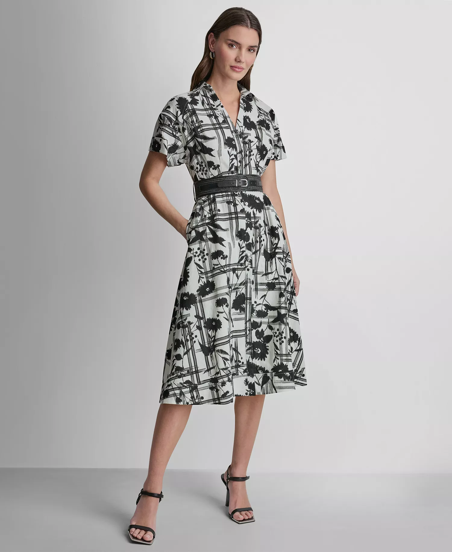 Women's Short-Sleeve Collared Neck Belt Midi Shirtdress - Ivory/Black - 10