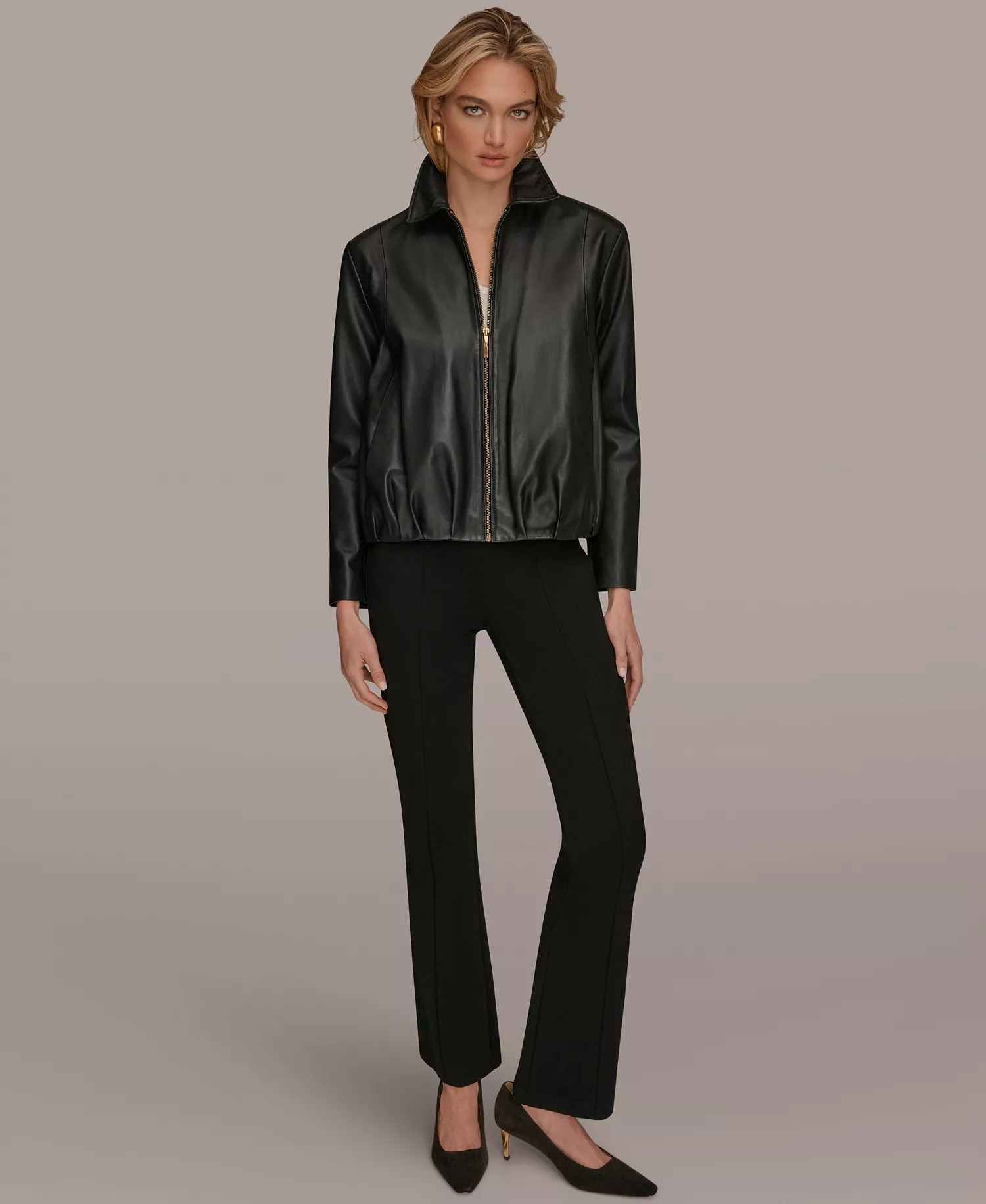 Women's Leather Bomber Jacket - Black - L