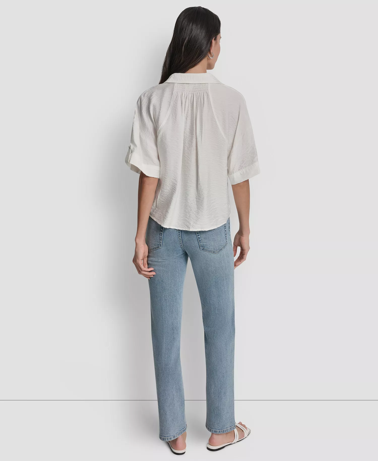 Women's Collared Neck Short Roll Tab Sleeve Shirt - Ivory - L